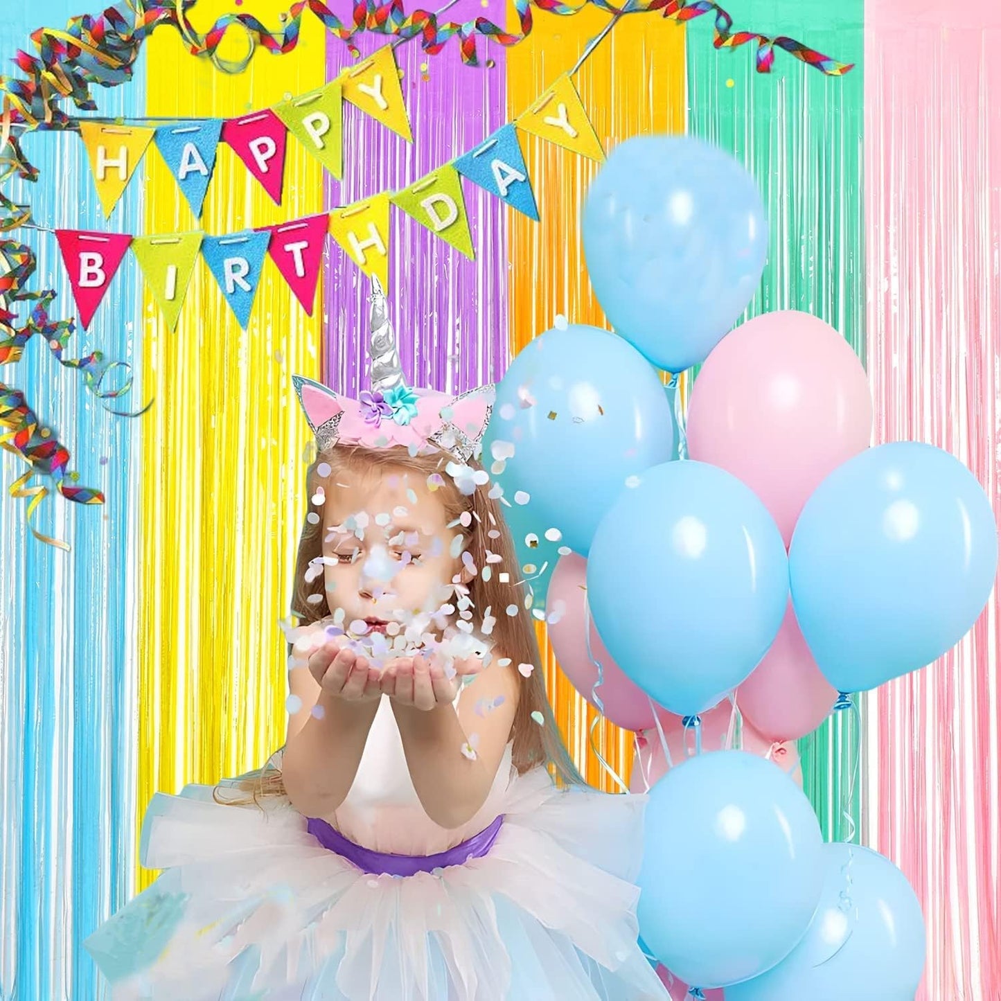 BRAVESHINE Tinsel Foil Fringe Curtains - 2Pcs 3.2x8.2ft Pastel Colourful Photo Backdrop for Sweet Birthdays Easter Bunny Bridal Shower Fairy Kids Candy Donut Party Decorations