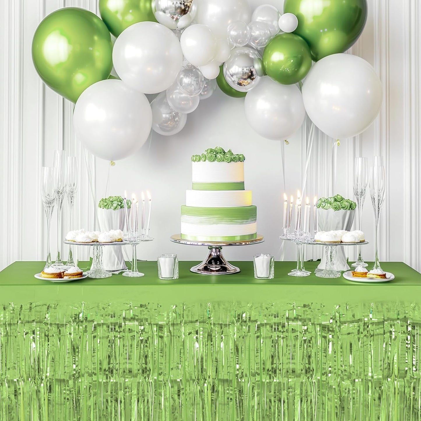 8 Pack Light Green Table Skirts, 29x108" Metallic Foil Tinsel Fringe Table Skirts for Rectangle Tables Streamer Curtains Backdrop, Party Decorations for Birthdays Weddings Holidays