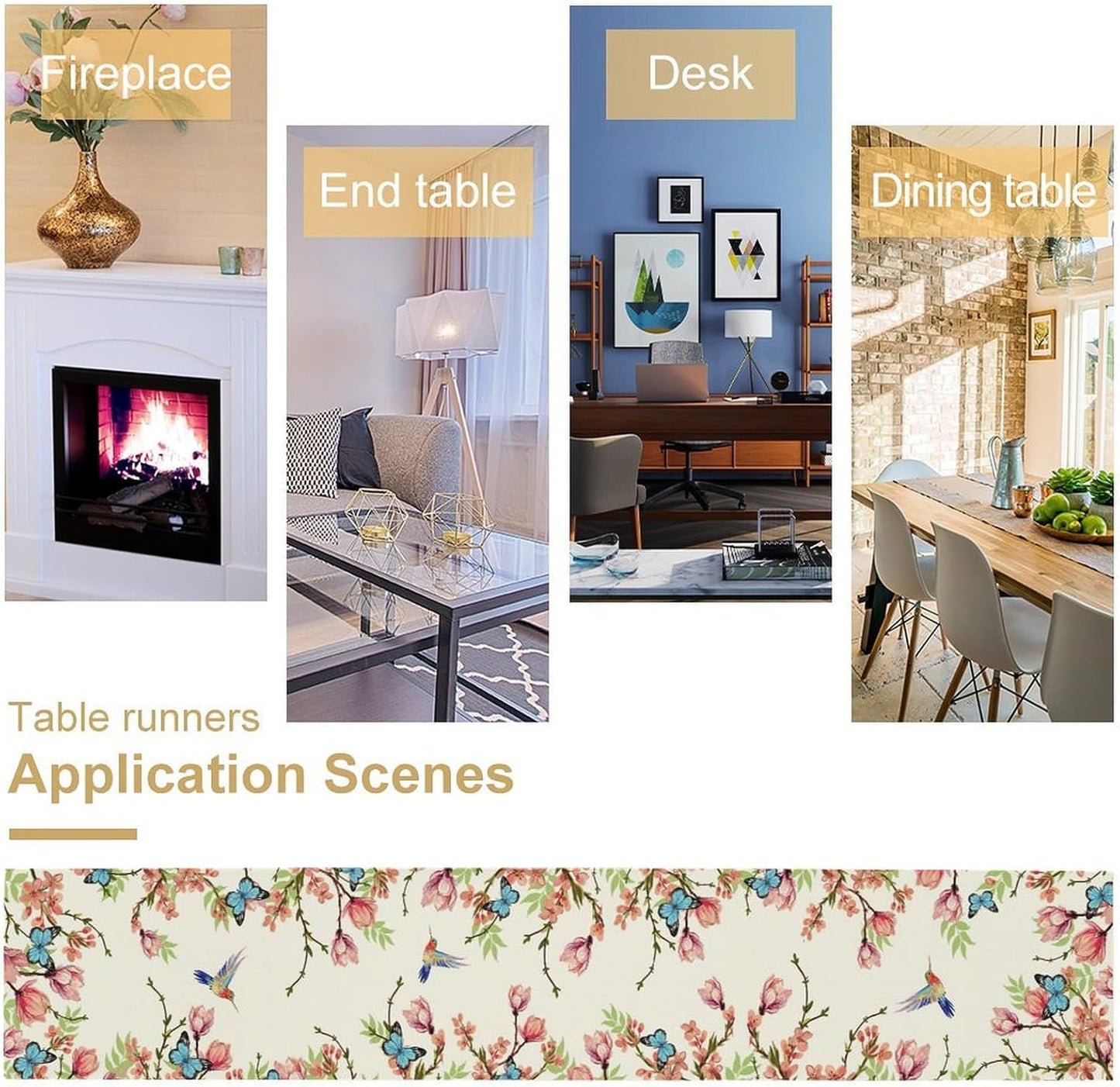 Floral Butterfly Table Runner Seasonal Spring Flower Bird Table Decoration Table Runner for Home Party Decoration 13x90 Inch