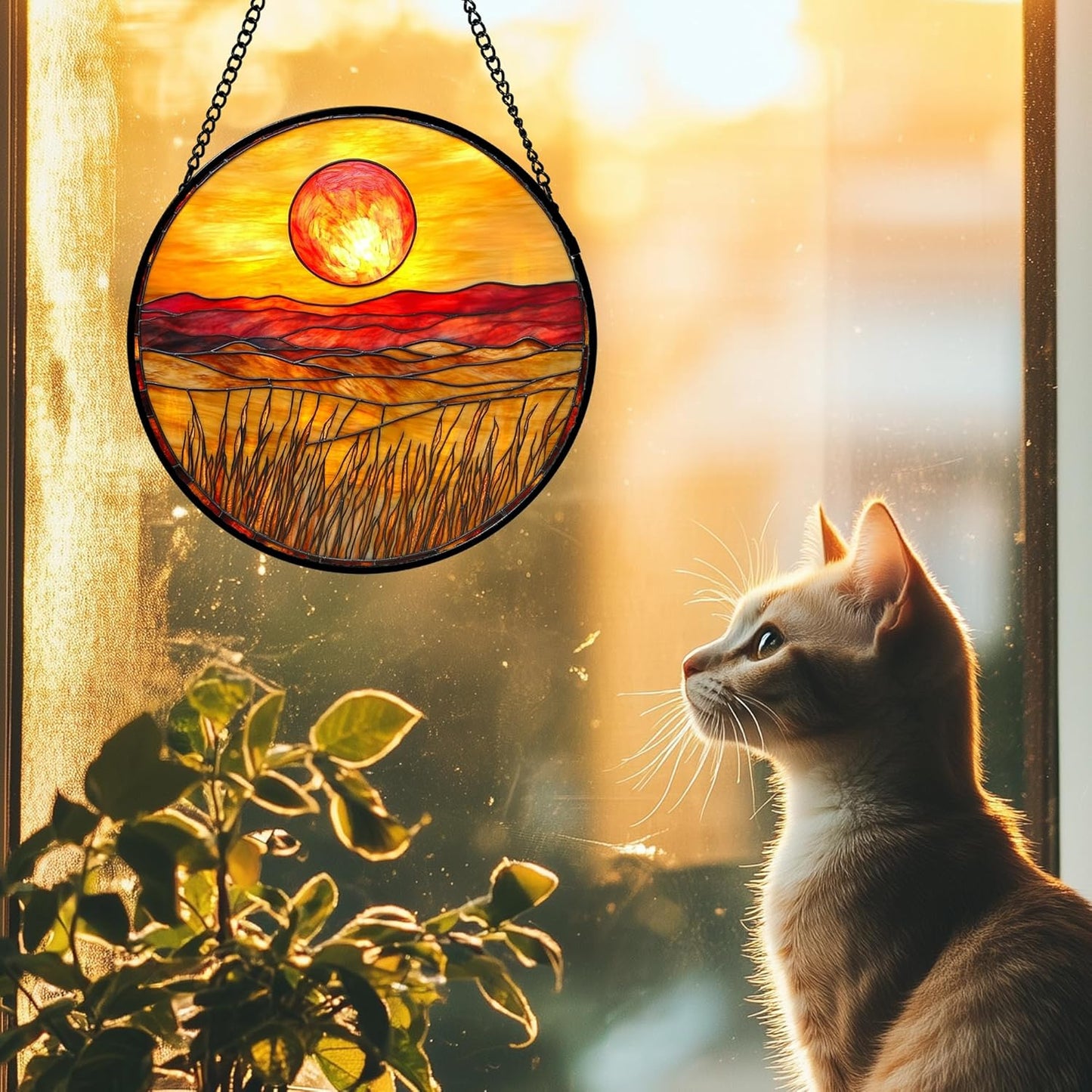 Stained Glass Window Hanging 4 Pcs Set Desert Sunset Theme Landscape 9.8" - Suncatcher Door Garden Sun Catcher Decor Birthday Christmas for Mom Woman Nana Men