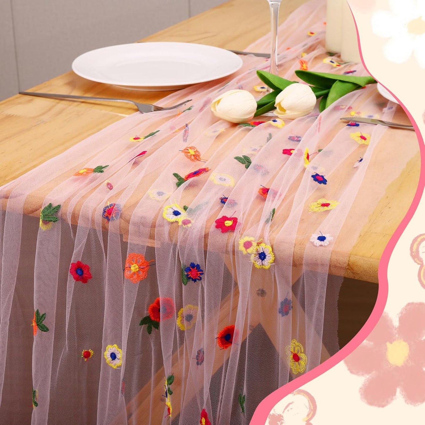 BINBE 1pcs Pink Daisy Fall Table Runner Embroidery Gauze 10FT Florals Seasonal Tulle Holiday Birthday Kitchen Dining Table Decor for Home Party