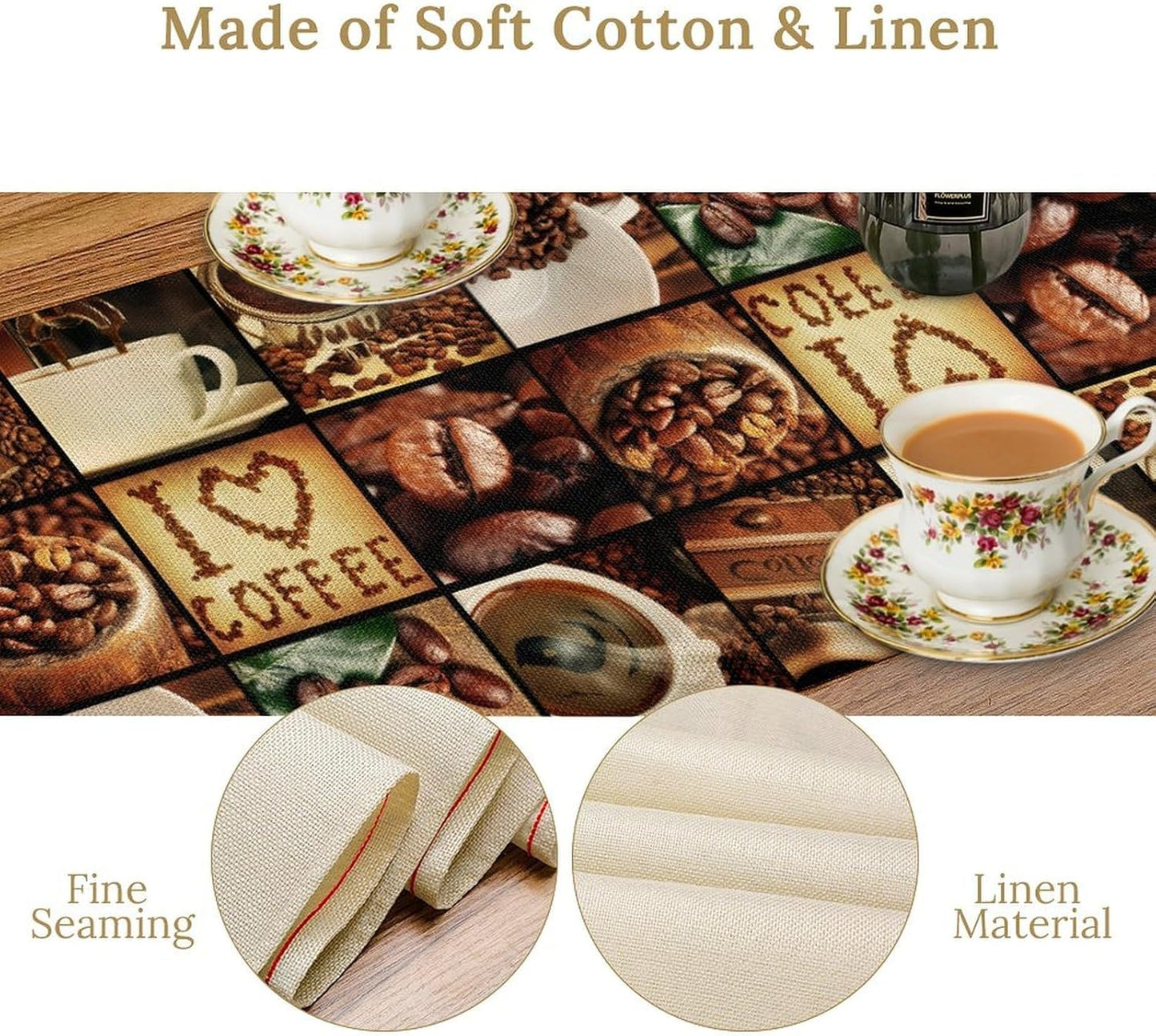 Coffee Theme Table Runner, Retro Farmhouse Coffee Cup Latte Cappuccino Tea Party Cafe Table Center Decor for Home Kitchen Dining Patio Holiday Party Indoor Outdoor Table Decorations,13"x90" Inch