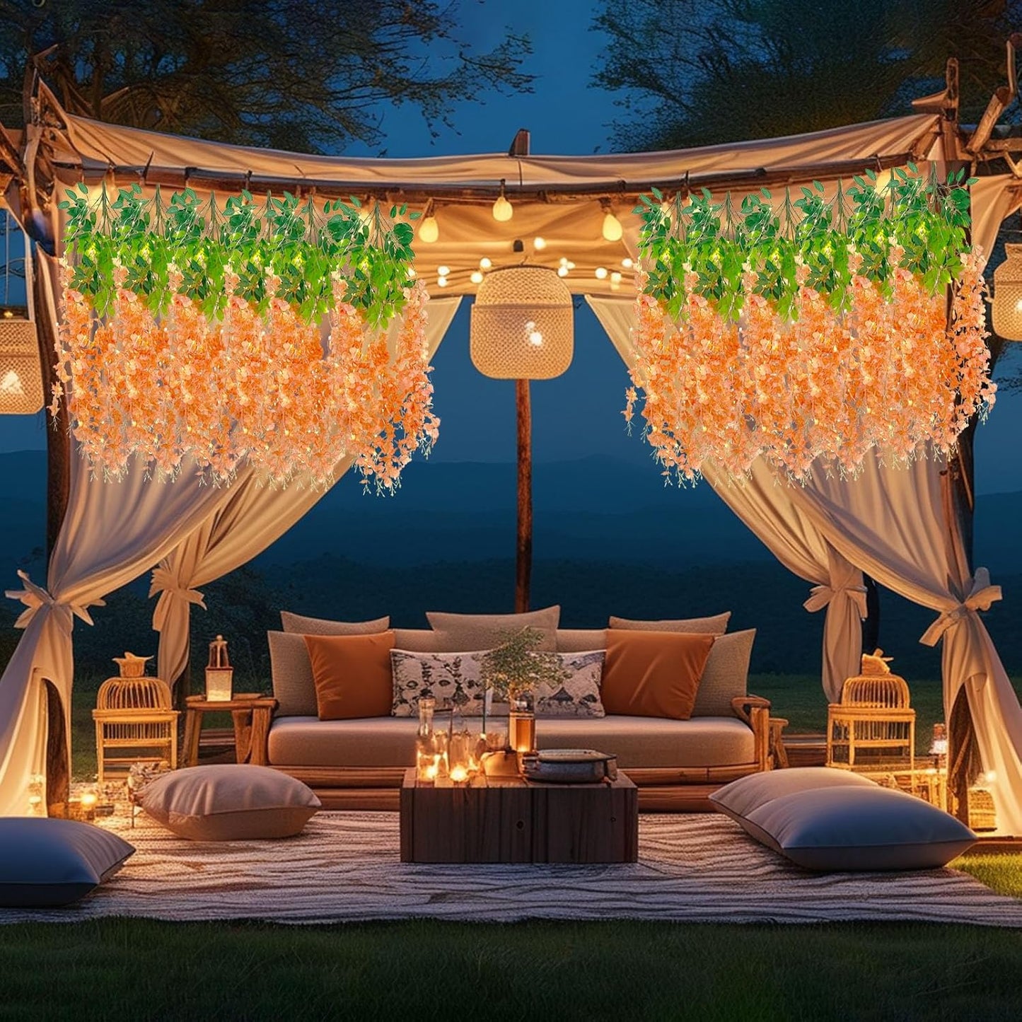 12 Pack Orange Wisteria Hanging Flowers Garland with Lights, 3.44 Feet Artificial Flower Vines, Fake Wisteria, Artificial Vines Hanging Garland for Backdrop Outdoor Patio Garden Decor