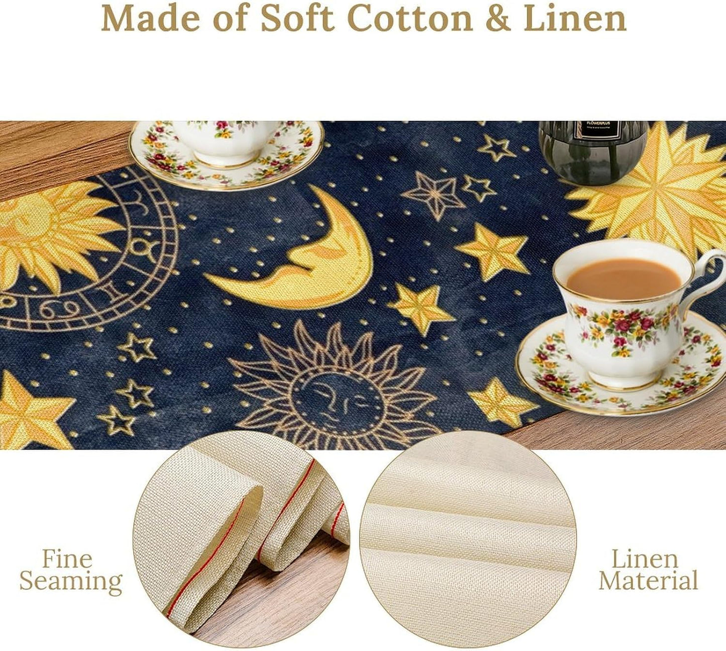 Sun Moon Table Runner, Boho Starry Sky Table Runners for Dinner Holiday Party Wedding Kitchen Golden Stars, 13x120 Inch
