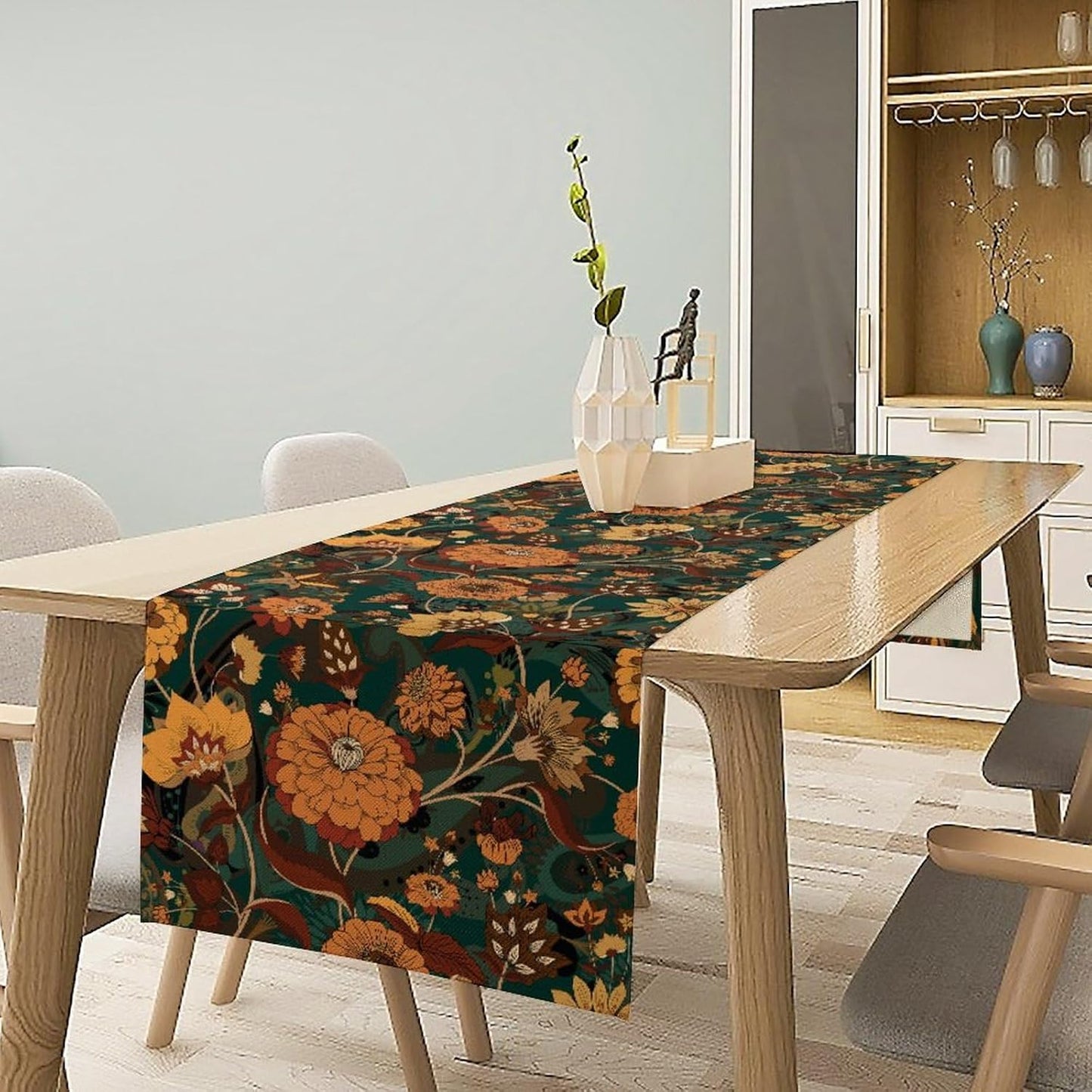 Orange Boho Floral Table Runner, Vintage Bohemian Home Kitchen Table Decoration for Birthday Party Picnic Decoration 13x60 Inch 1PCS