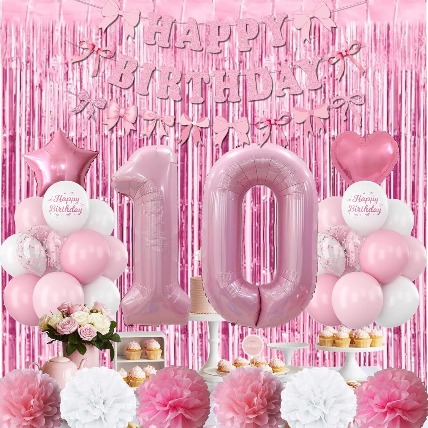 10th Birthday Decorations for Girls Pink Number 10 Balloon Bow Coquette Happy Birthday Banner Fringe Curtain Paper Pom Poms Star Heart Foil Pink White Balloons 10 Year Old Party Decor