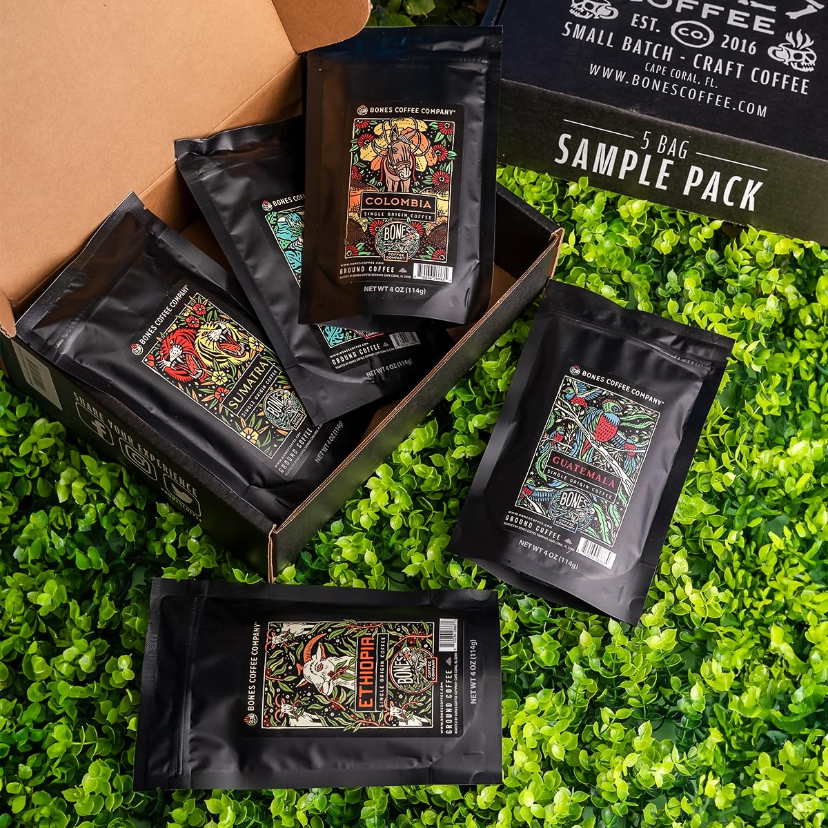 Bones Coffee Company NEW World Tour Sample Pack, Single-Origin Flavored Coffee Low Acid Medium Roast Arabica Beans Specialty Coffee Gifts Compatible Auto Drip and French Press, 4 oz Pack of 5 Ground