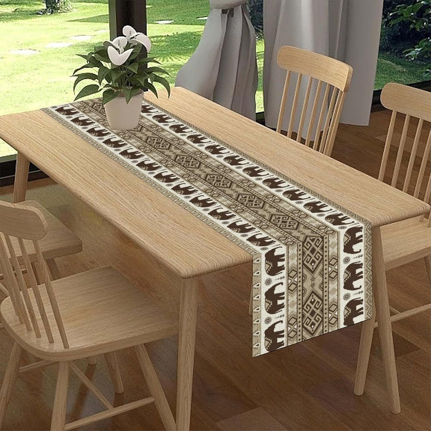 Ethnic Table Runner, Rustic Farmhouse Boho Indian Bohemian Elephant Aztec Tribal Print Beige Table Center Decor for Home Kitchen Dining Patio Holiday Party Indoor Table Decorations, 13"x36" Inch