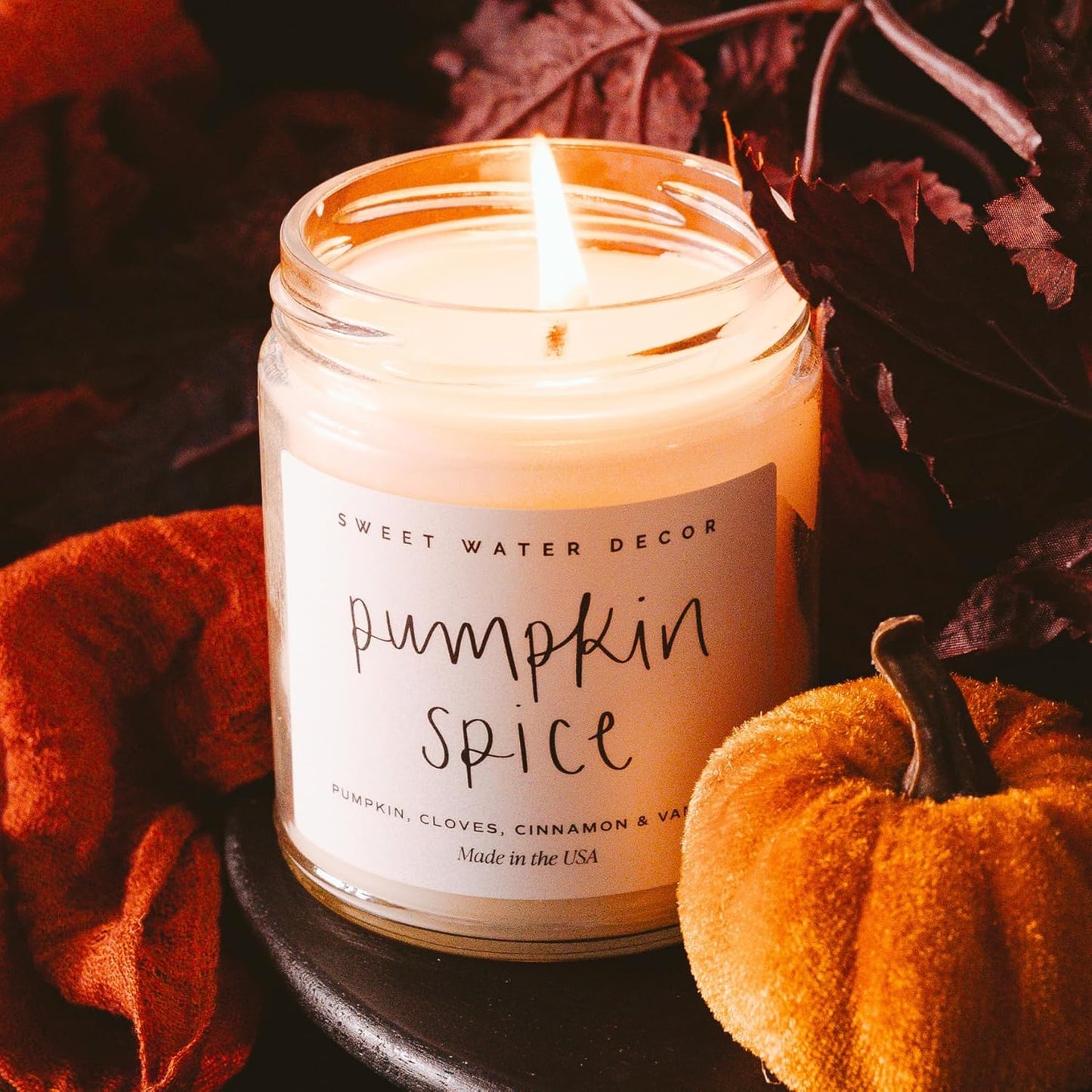 Sweet Water Decor Pumpkin Spice Candle - Fall Candles with Pumpkin, Clover, Cinnamon & Vanilla Scent for Home - Autumn Candle with 40 Hours Burn Time - 9Oz Gold Lid Clear Jar Cozy Soy Candles