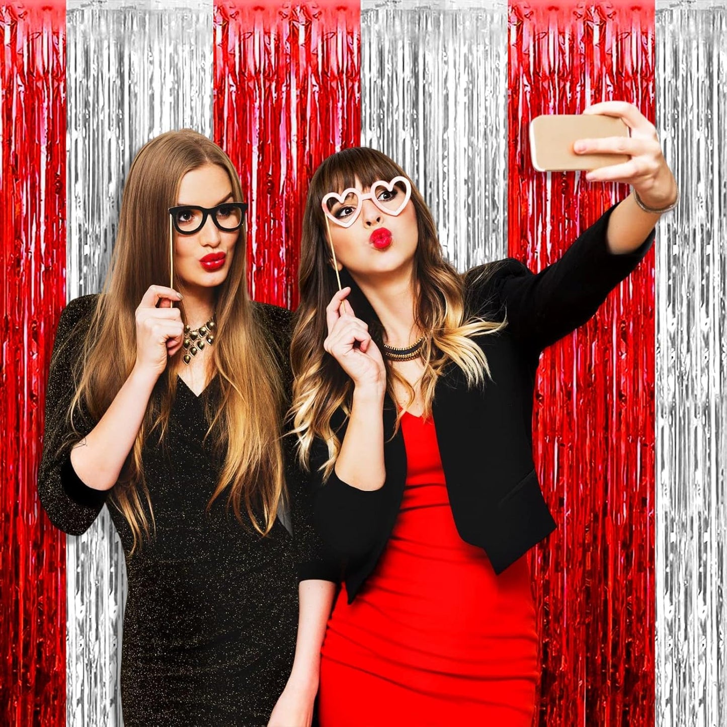 4 Pack Foil Fringe Curtain Backdrop, 3.28Ft x 8.2Ft Metallic Tinsel Foil Fringe Streamers Curtains for Photo Booth, Wedding, Circus Welcome Carnival Birthday Party Decoration Silver Red