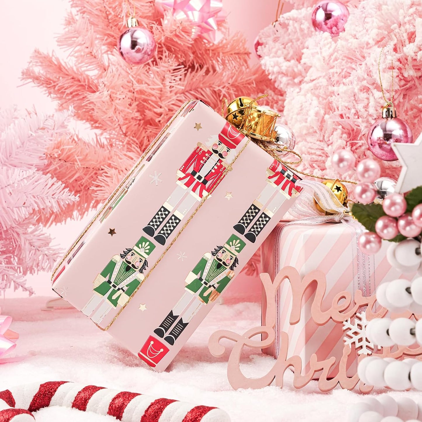 LeZakaa Christmas Pink Wrapping Paper Jumbo Roll for Kids, Pink Metallic Foil Gift Wrap Paper with Red & Green Nutcracker Soldier & Stripe Reversible Design, 30 inches x 32.8 Feet