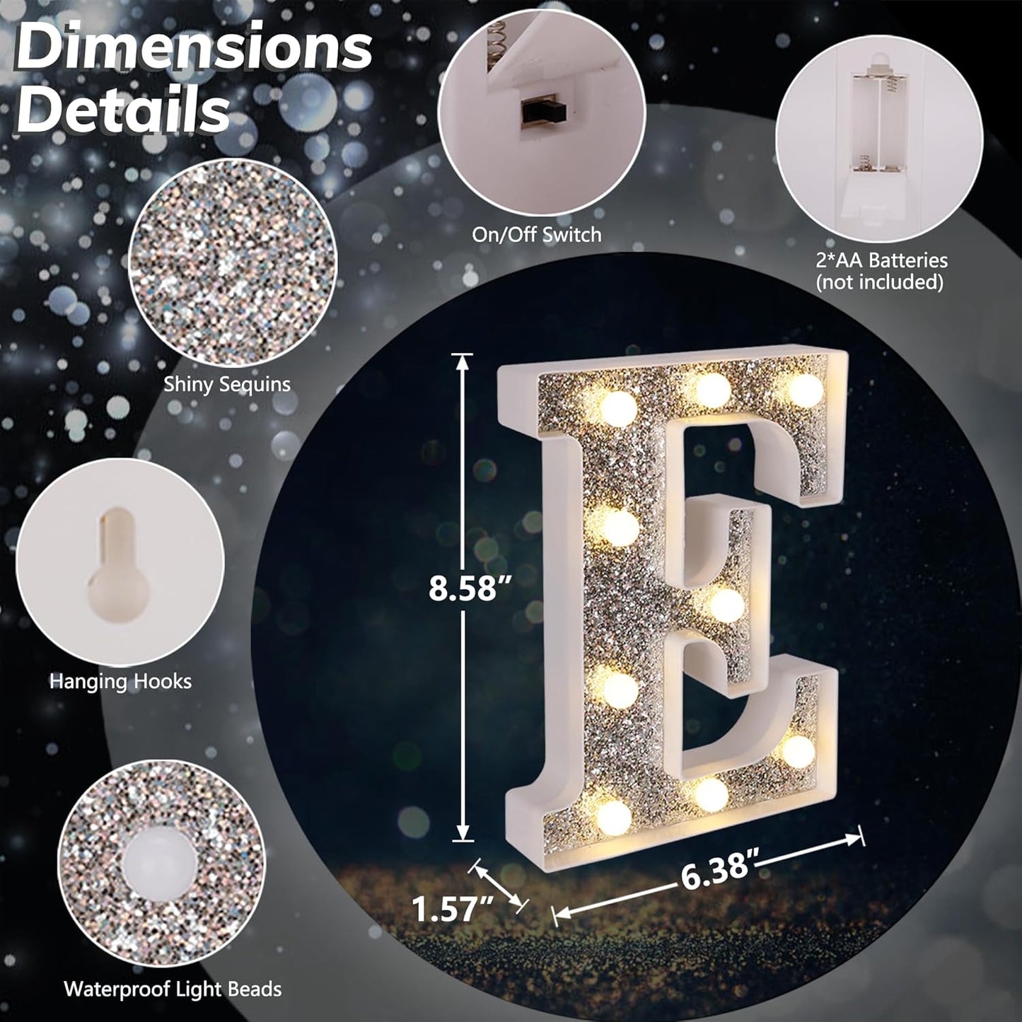 Marquee Light Up Letters, Glitter Silver LED Letter Lights Battery Powered Alphabet Letter Sign for Night Light Wedding Birthday Party Cafe Bar Decoration Girls Room Decor - E