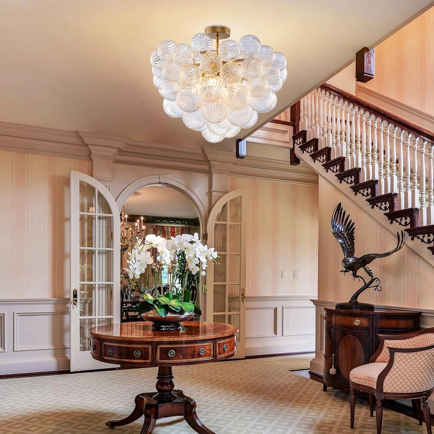 Bubble Ball Semi Flush Mounting Ceiling Light Fixtures, Dia 20 inch Gold and Clear Blown Glass Small Swirled Glass Chandelier for Bedroom Study Bathroom Dining Room