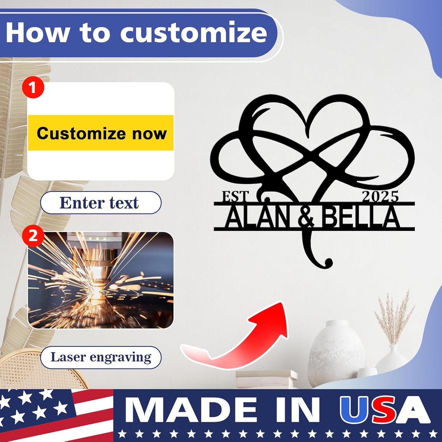 Personalized Valentine's Day Wedding Gifts For Couple, Custom Metal Signs Wall Art, Monogram Name Metal Signs For Home Decor, Customized Anniversary Christmas Housewarming Gifts For Him Her