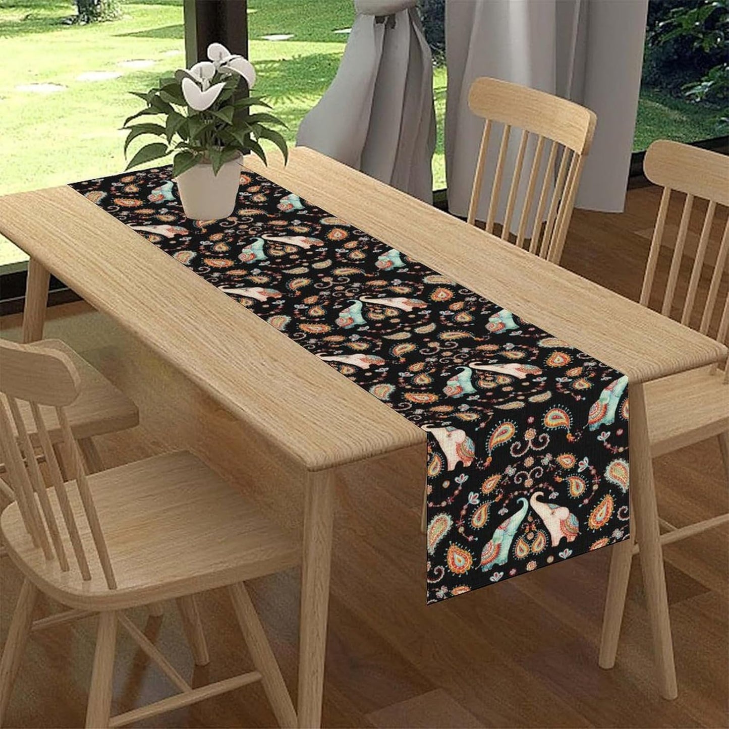 Boho Table Runner, Indian Bohemian Elephant Mandala Paisley Floral Hippie Art Print Table Center Decor for Home Kitchen Dining Patio Holiday Party Indoor Outdoor Table Decorations, 13"x36" Inch