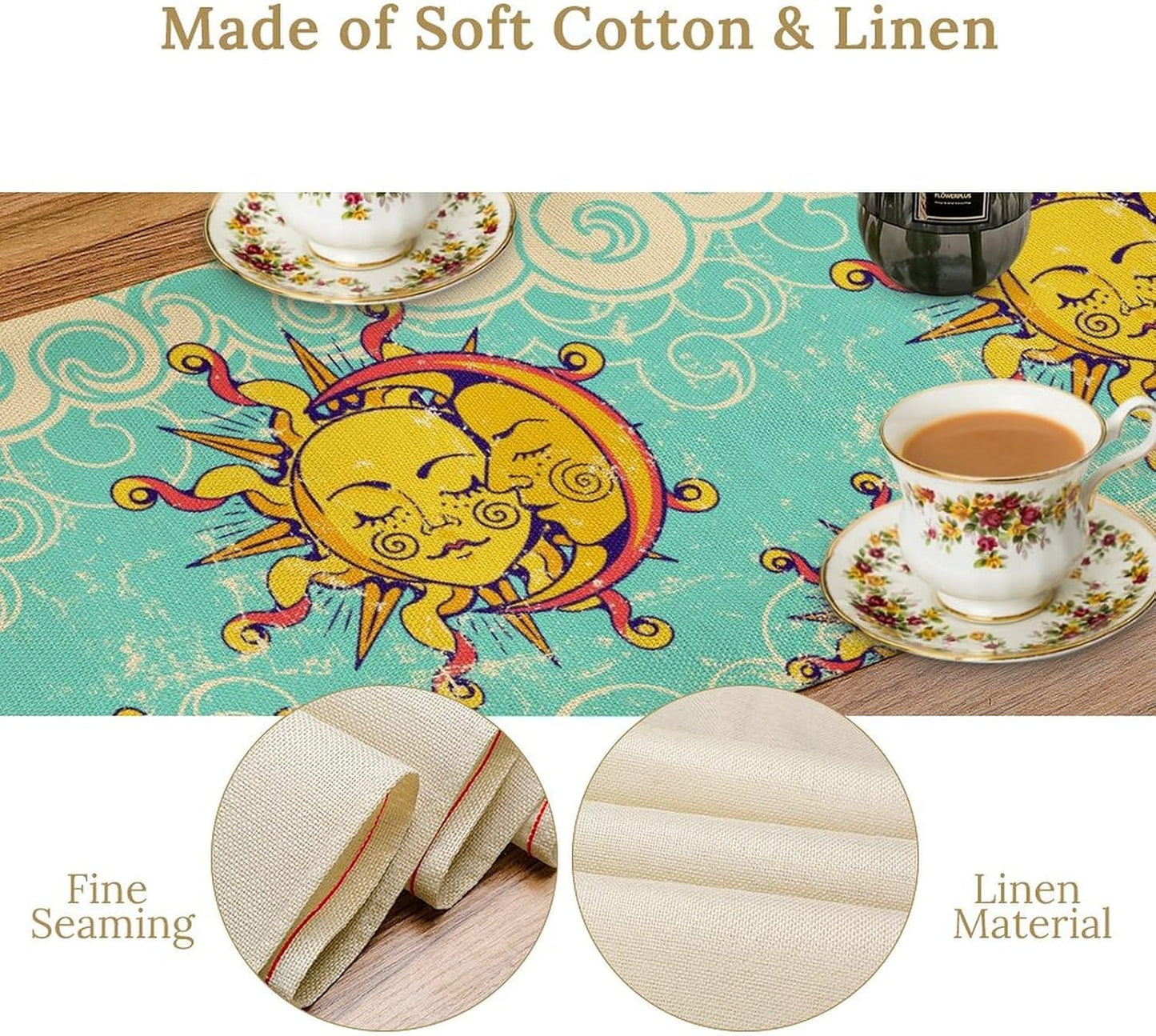 Retro Sun Moon Table Runner, Phase of The Moon Vintage Cloud Table Runner for Kitchen Dinner Living Room Table Runner Yellow Floral, 13x108 Inch Yellow Blue