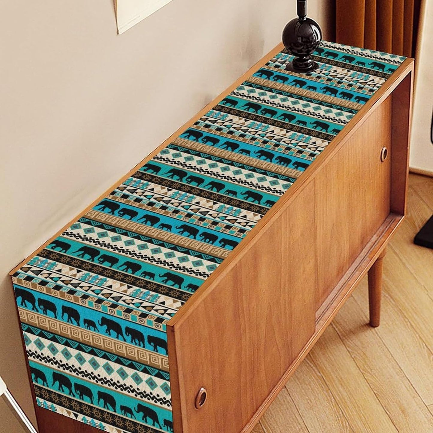Boho Table Runner, Rustic Aztec Blue Teal African Elephant Tribal Ethnic Native Farmhouse Table Center Decor for Home Kitchen Dining Patio Holiday Party Indoor Outdoor Table Decorations, 13"x90" Inch
