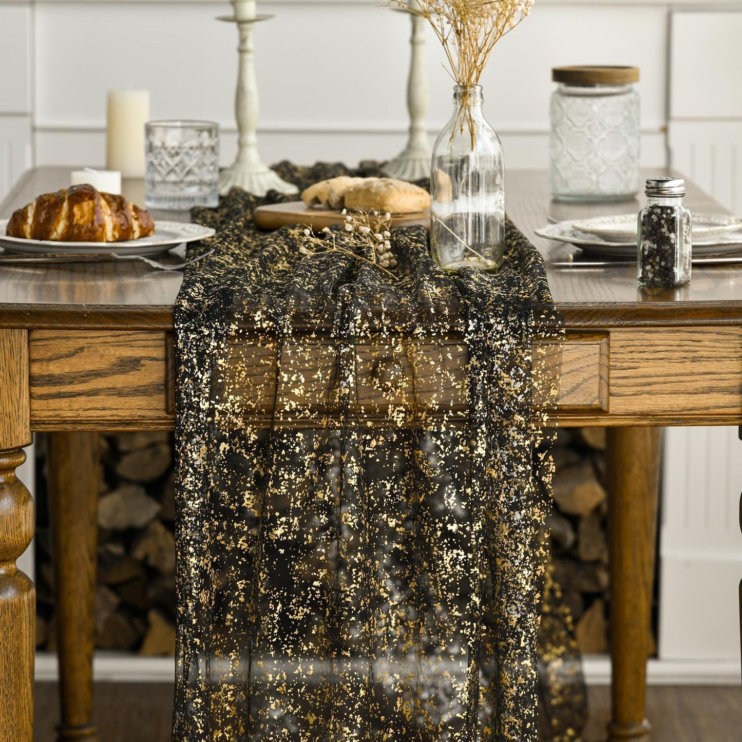 Artoid Mode Black Gold Gauze Table Runner 120 Inch 10FT, Glitter Metallic Foil Sheer Dining Wedding Anniversary Holiday Birthday Table Decor for Home Party