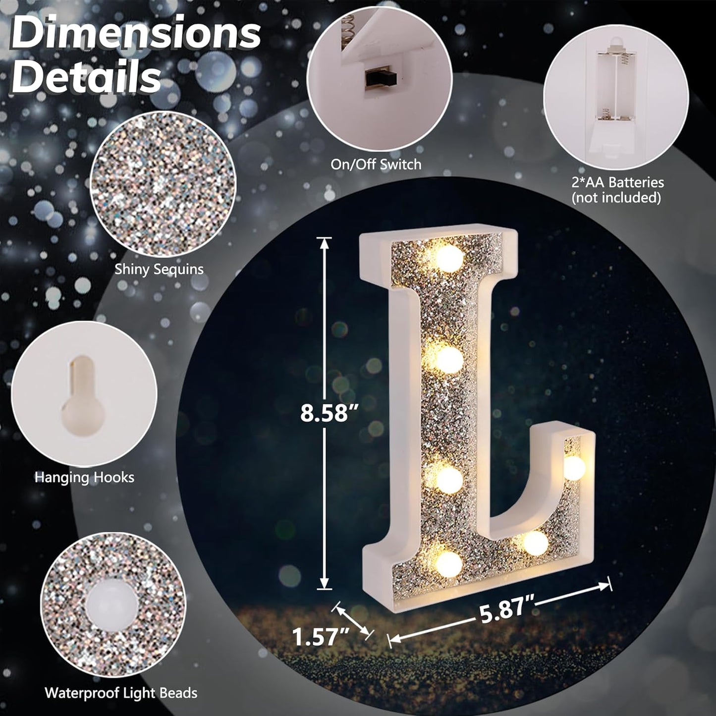 Marquee Light Up Letters, Glitter Silver LED Letter Lights Battery Powered Alphabet Letter Sign for Night Light Wedding Birthday Party Cafe Bar Decoration Girls Room Decor - Letter L