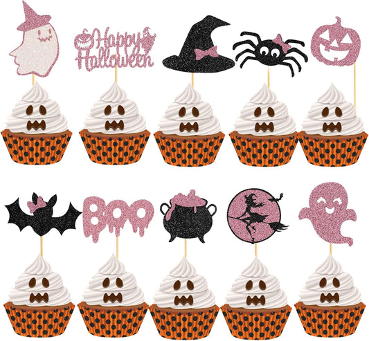 60Pcs Halloween Cupcake Toppers, Bat Pumpkin Ghost Cupcake Decorations for Halloween Party Supplies,Pink Multi Style1