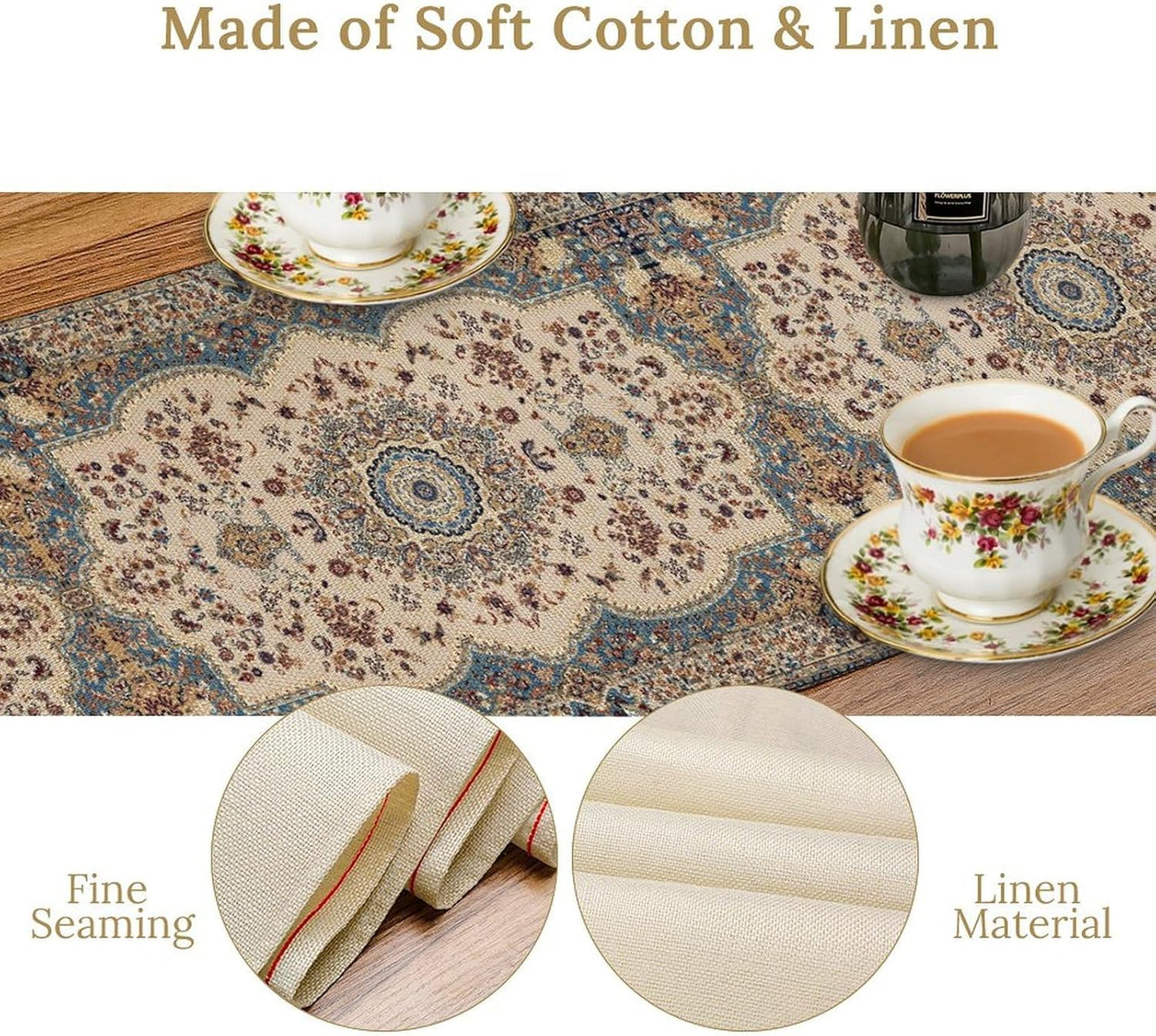 Boho Bohemia Style Table Runner, Vintage Blue Teal Gold Retro Flower Rustic Country Style Floral Print Pattern for Home Kitchen Table Decor Dining Coffee Room Garden Party Decor 13x72in