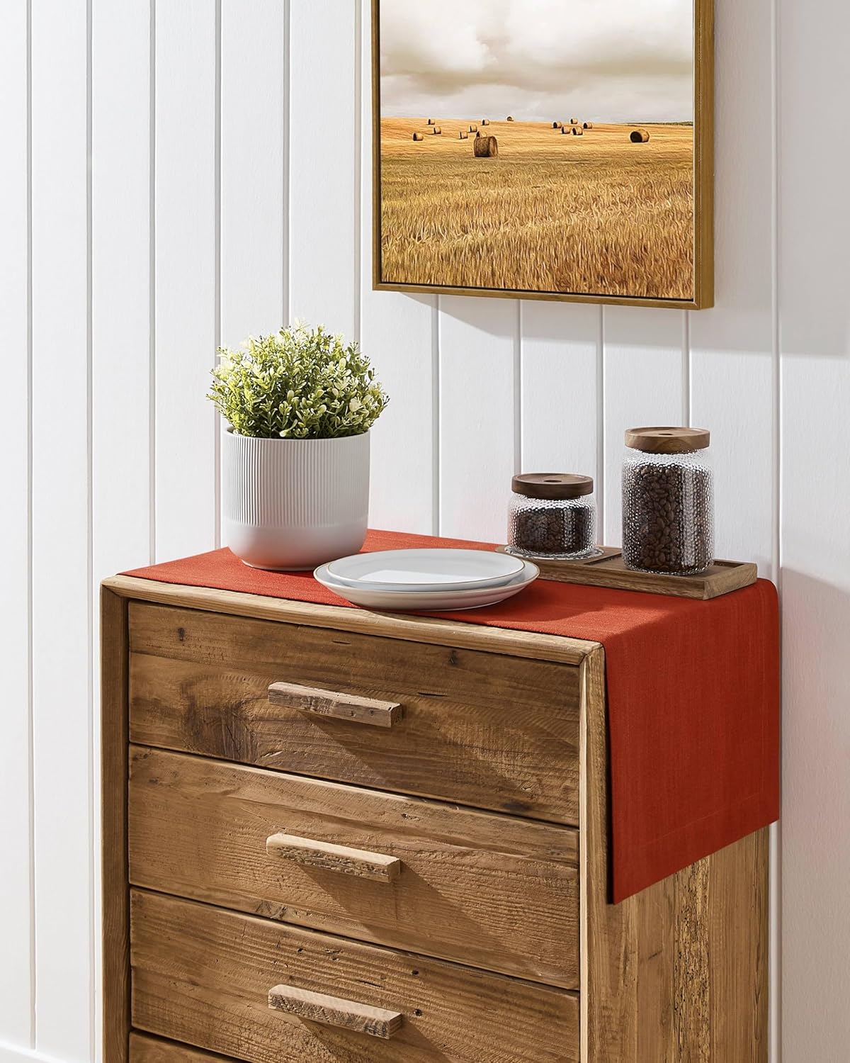 ZeeMart Linen Textured Border Table Runner, 14 x 60 Inch Orange, Farmhouse Style Burnt Orange Fall Table Runners 60 Inches Long, Easy Care Everyday Polyester Table Runner