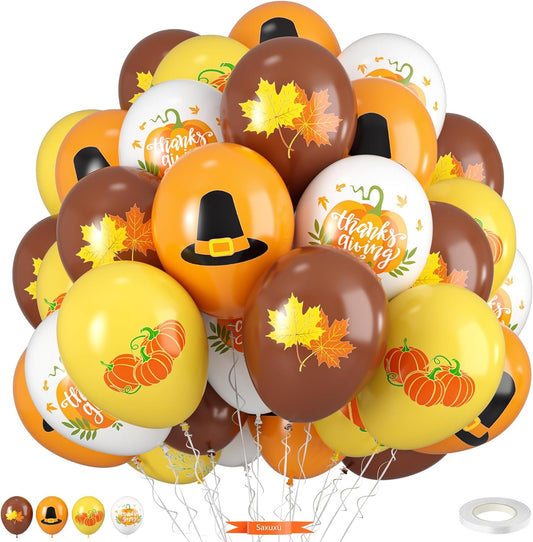 Thanksgiving Balloons, 12 Inch Orange Coffee Brown Yellow White Pumpkin Fall Maple Balloons for Boy Girl Thanksgiving Fall Birthday Autumn Party Decoration Pumpkin Baby Shower Anniversary Backdrop