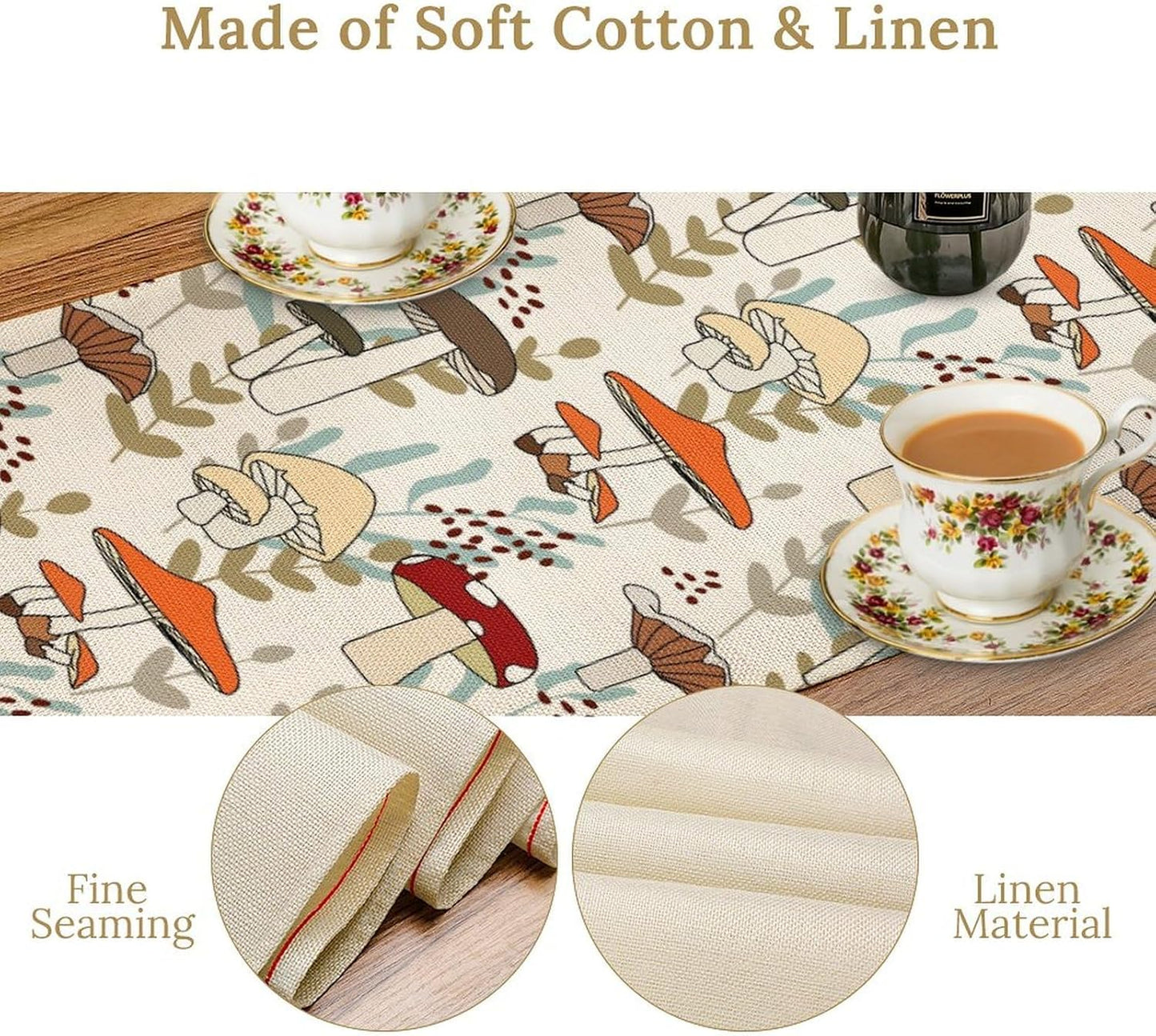 Mushroom Table Runner, Vintage Nature Plant Table Runner for Farmhouse Kitchen Dining Table Decoration for Home Party Decor 13x36 Inch