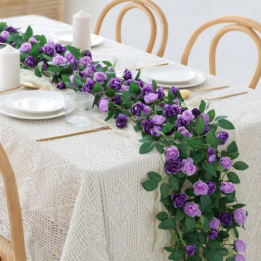 4 Packs Artificial Rose Garland: 31.48Ft Each Fake Flower Vine with Improved Color & 10 Ties for Wedding Arch Backdrop, Home Wall Party Decor, Christmas Decor, Purple