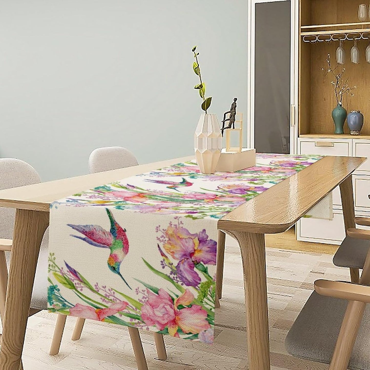 Hummingbird Table Runner,Pink Floral Country Style Table Runner for Kitchen Dining Table Home Party Decoration 13x90 Inch