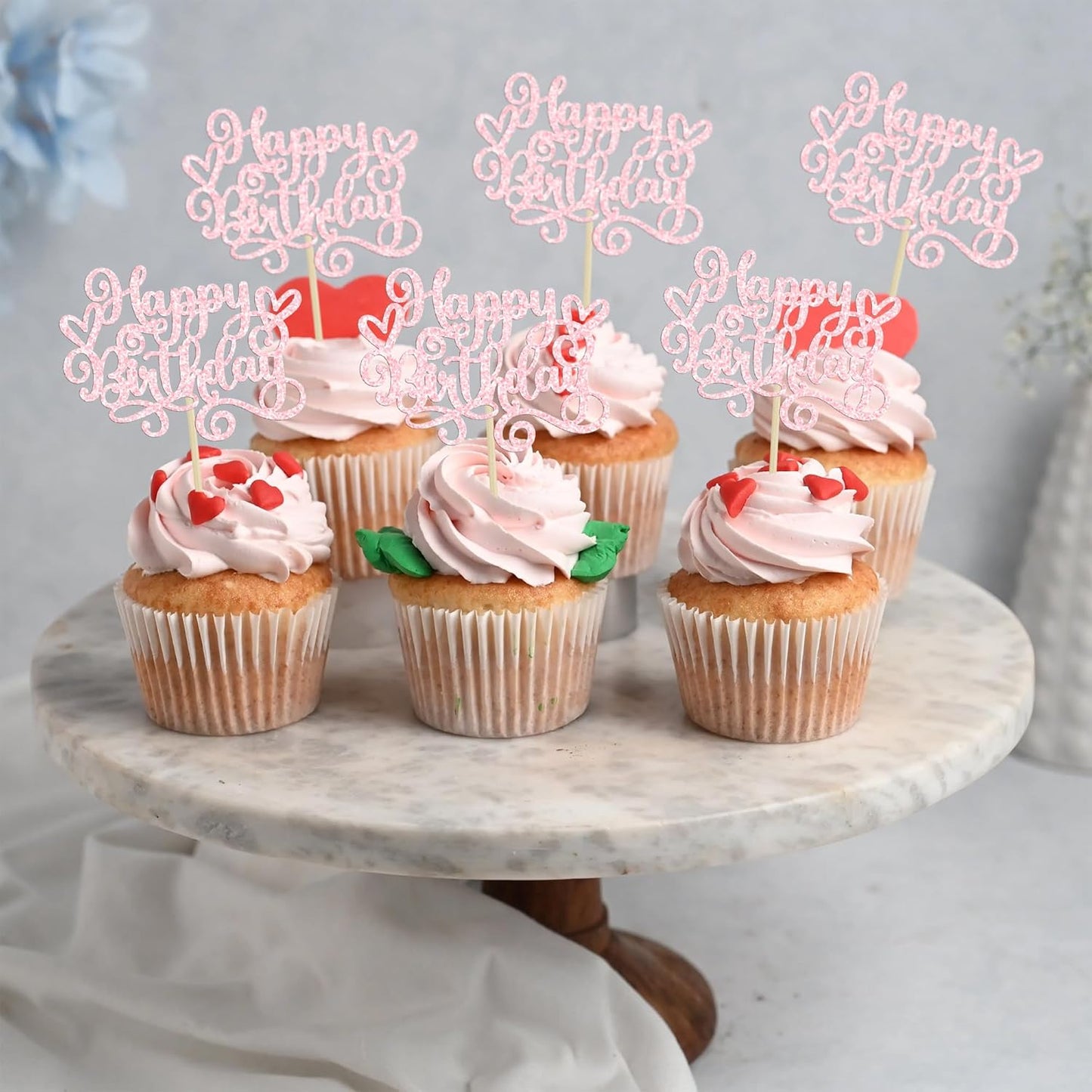 Gyufise 24Pcs Happy Birthday Cupcake Toppers Glitter Happy Birthday Cupcake Picks for Celebrating Happy Birthday Anniversary Theme Party Cake Decorations Supplies Light Pink