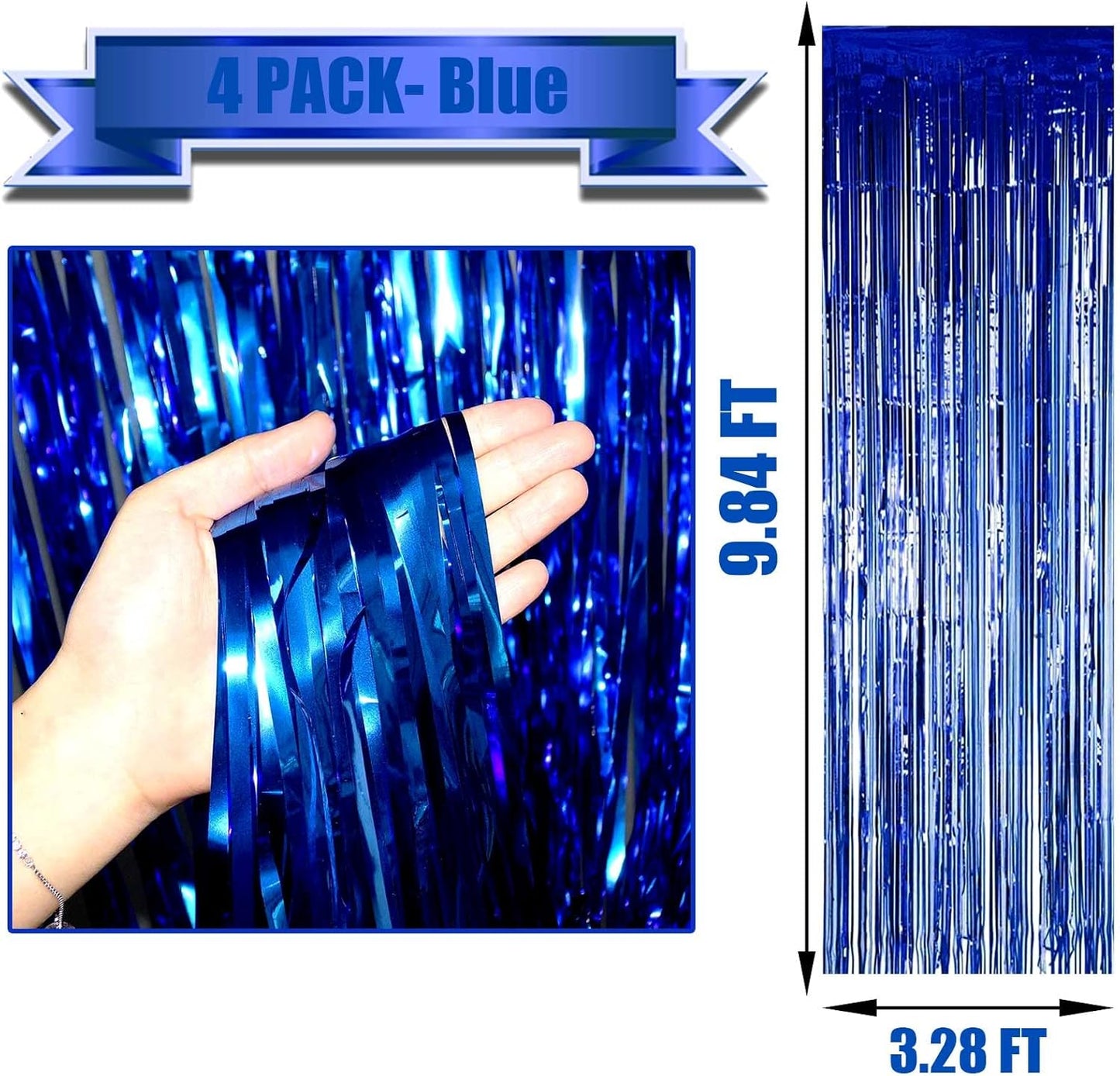 4 Pack Blue Foil Fringe Curtain Backdrop, 3.28Ft x 9.84Ft Metallic Tinsel Streamers for Sea Party, Photo Booth Props, Birthday, 2022 Summer Ocean Theme Party Decoration Supplies
