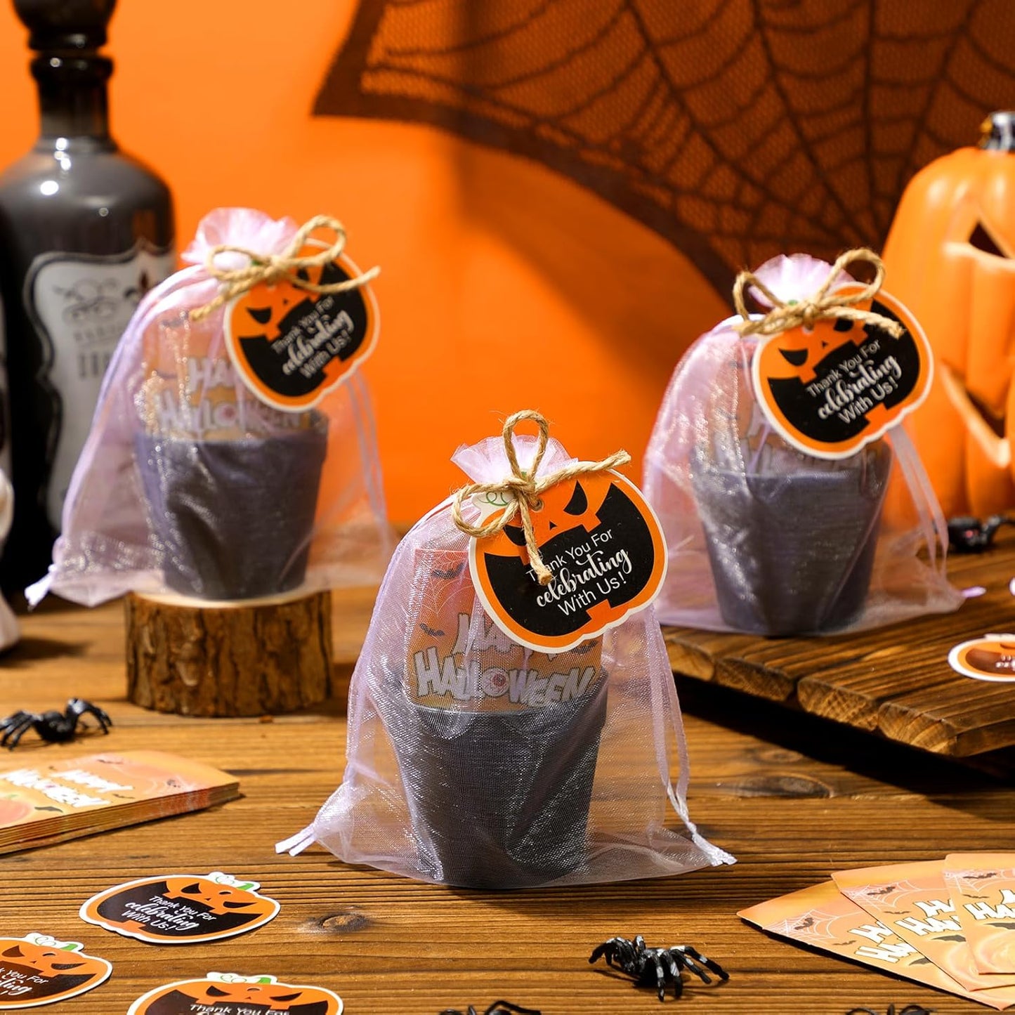 Ctosree 24 Sets Halloween Pumpkin Party Favors for Guests Pumpkin Seed Packet Favors Include Seed Bag Flowerpot Thank You Cards Hemp Ropes and Organza Gifts Bags for Happy Halloween Party Supplies