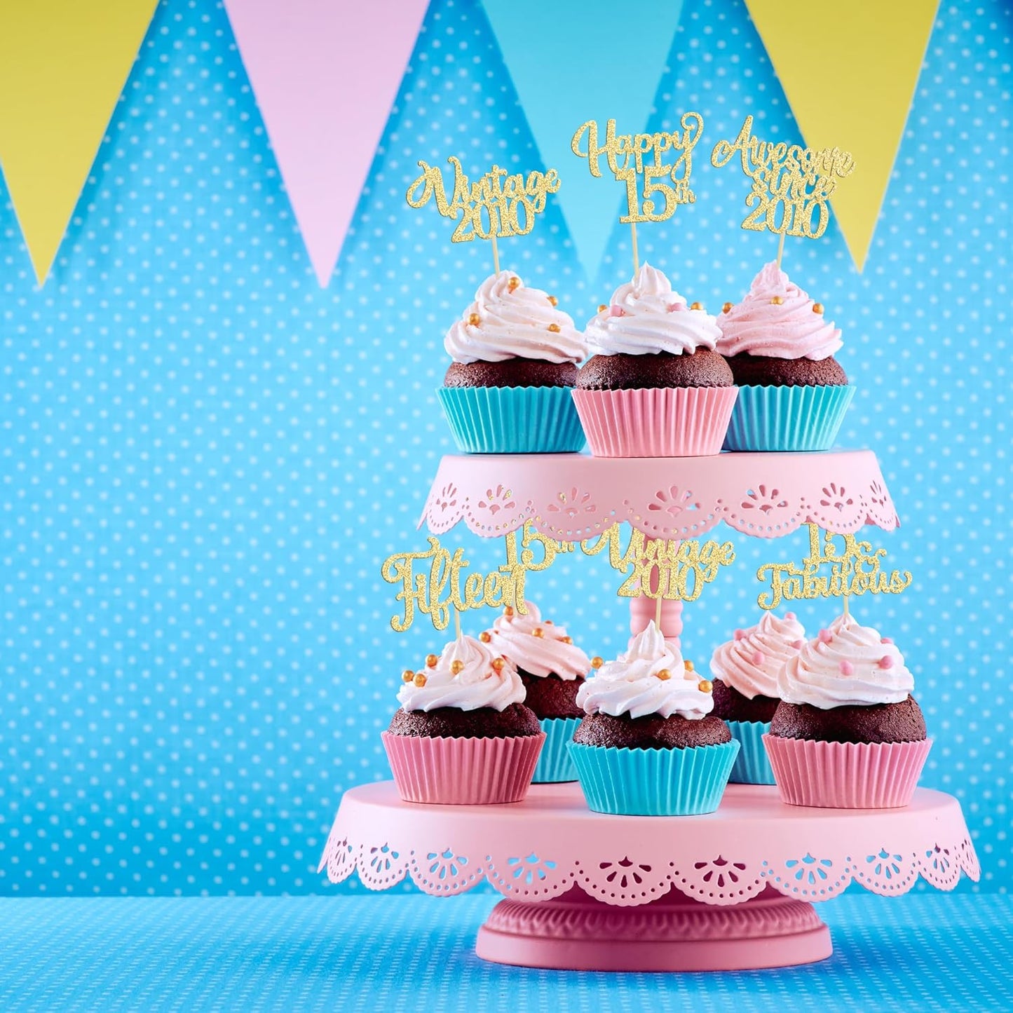 30Pcs Vintage 2010 Cupcake Toppers Glitter Fifteen Happy 15th Birthday 15 Fabulous Cupcake Picks Cheers to 15 Years for 15th Birthday Wedding Anniversary Party Cake Decorations Supplies Gold