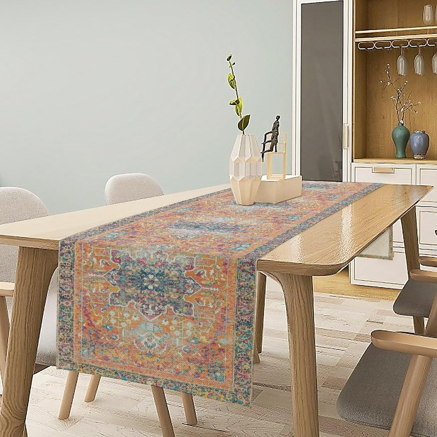 Boho Floral Vintage Table Runner, Orange Retro Flower Rustic Country Farmhouse Abstract Pattern for Home Kitchen Table Decor Dining Coffee Room Party Decor 13x60in