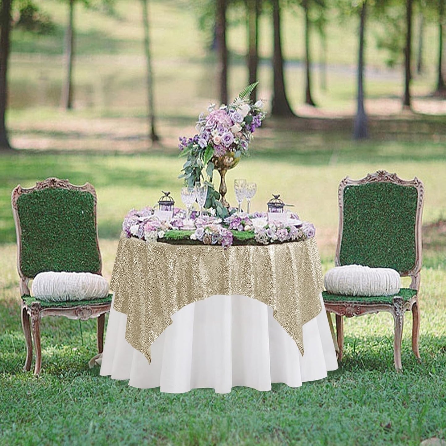 Square Champagne Sequin Tablecloth- 50x50 inch, Seamless Sparkle and Glitter Party Table Cloth, Shiny&Elegant Table Overlays for Wedding Birthday Ceremony Prom Decorations