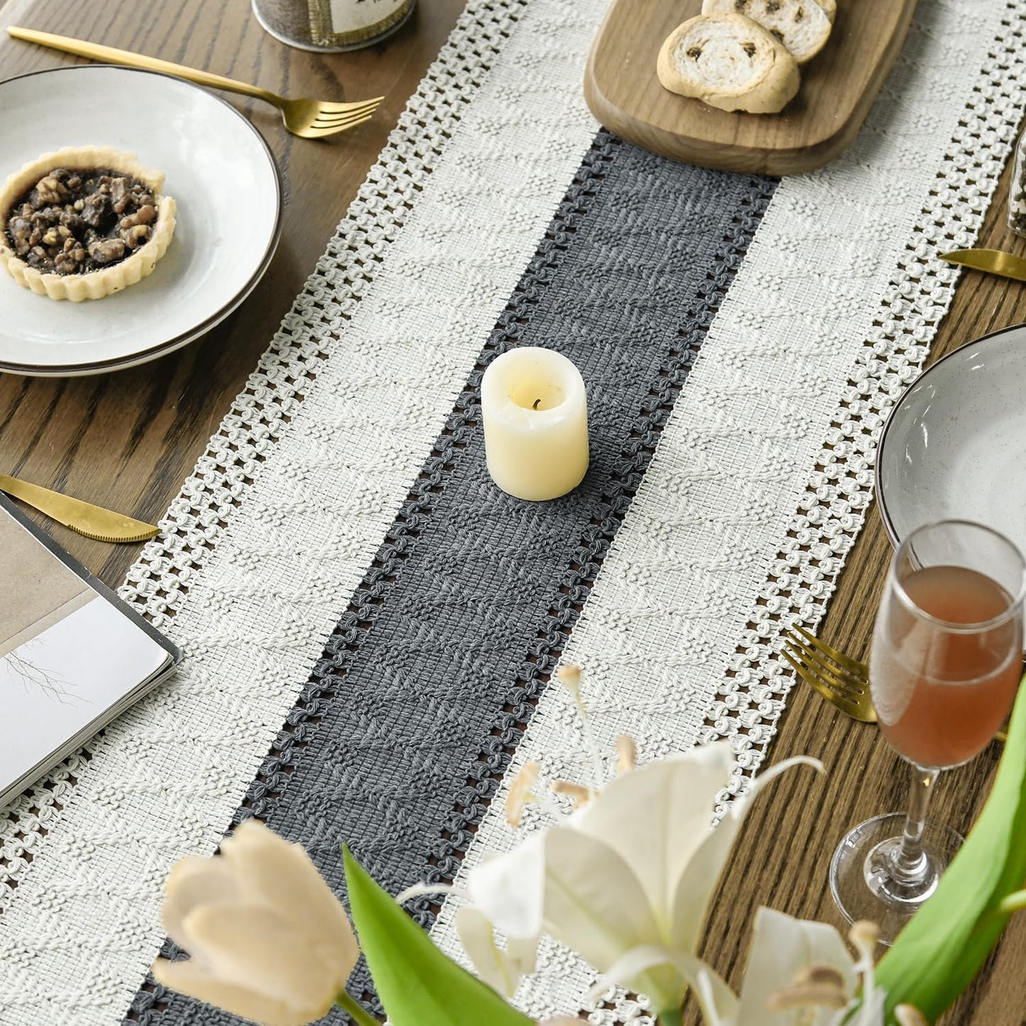 Artoid Mode Dark Grey Farmhouse Rustic Table Runner, Seasonal Holiday Hollow Kitchen Dining Table Decoration for Home Party Decor 12x90 Inch