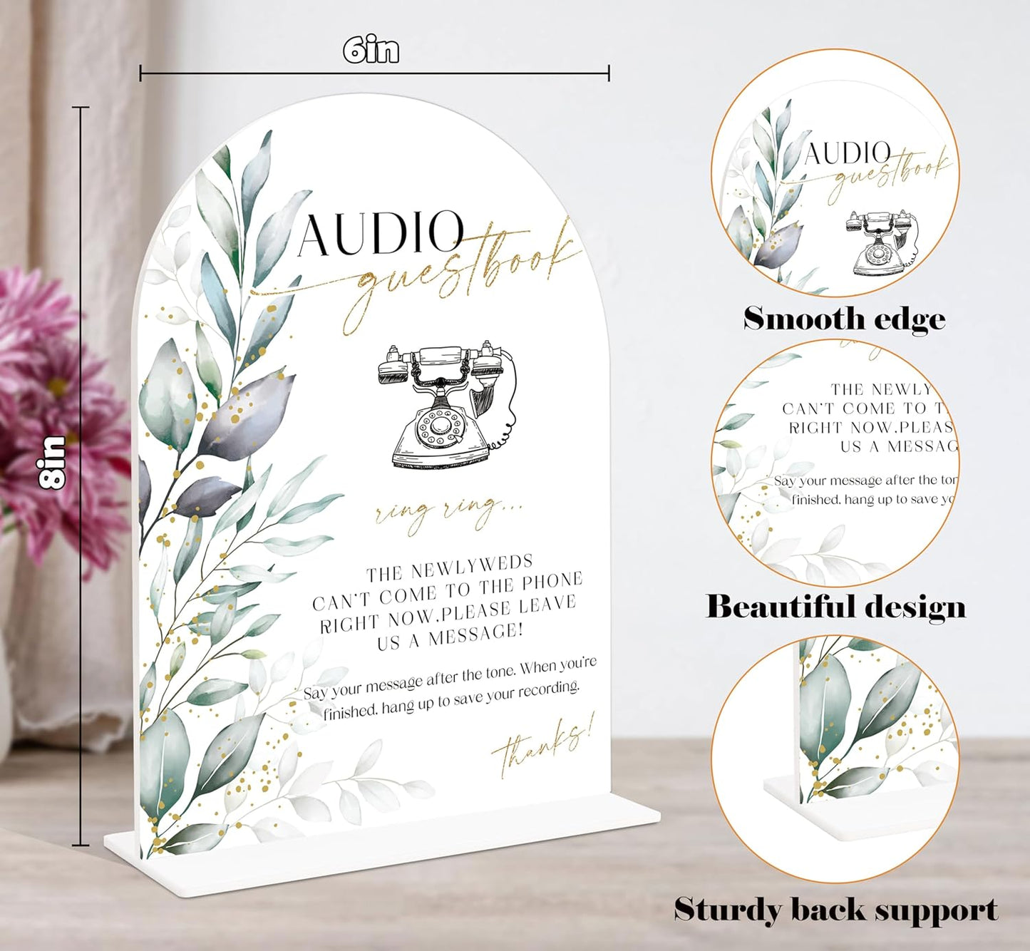 Acrylic Wedding Signs, Greenery Theme Audio Guestbook Sign, Wedding Reception Signage, Bridal Shower Table Decor with Stand, Engagement, Anniversary, Newlywed Events and Parties Supplies, 16