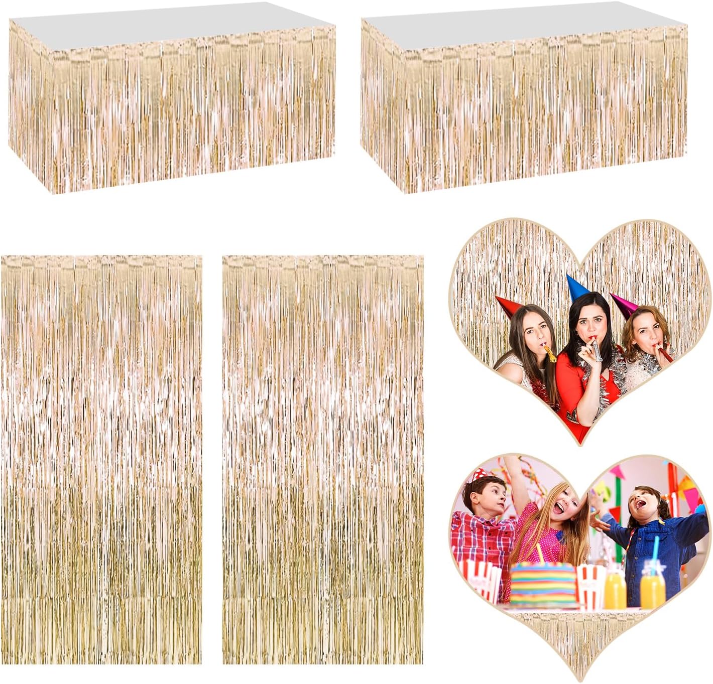 4P Metallic Foil Fringe Tinsel Table Skirts for Rectangle Tables Backdrop Banner Streamer Garland Curtains for Parade Floats Wedding Graduation Anniversary Birthday Parties Decoration (Champagne)