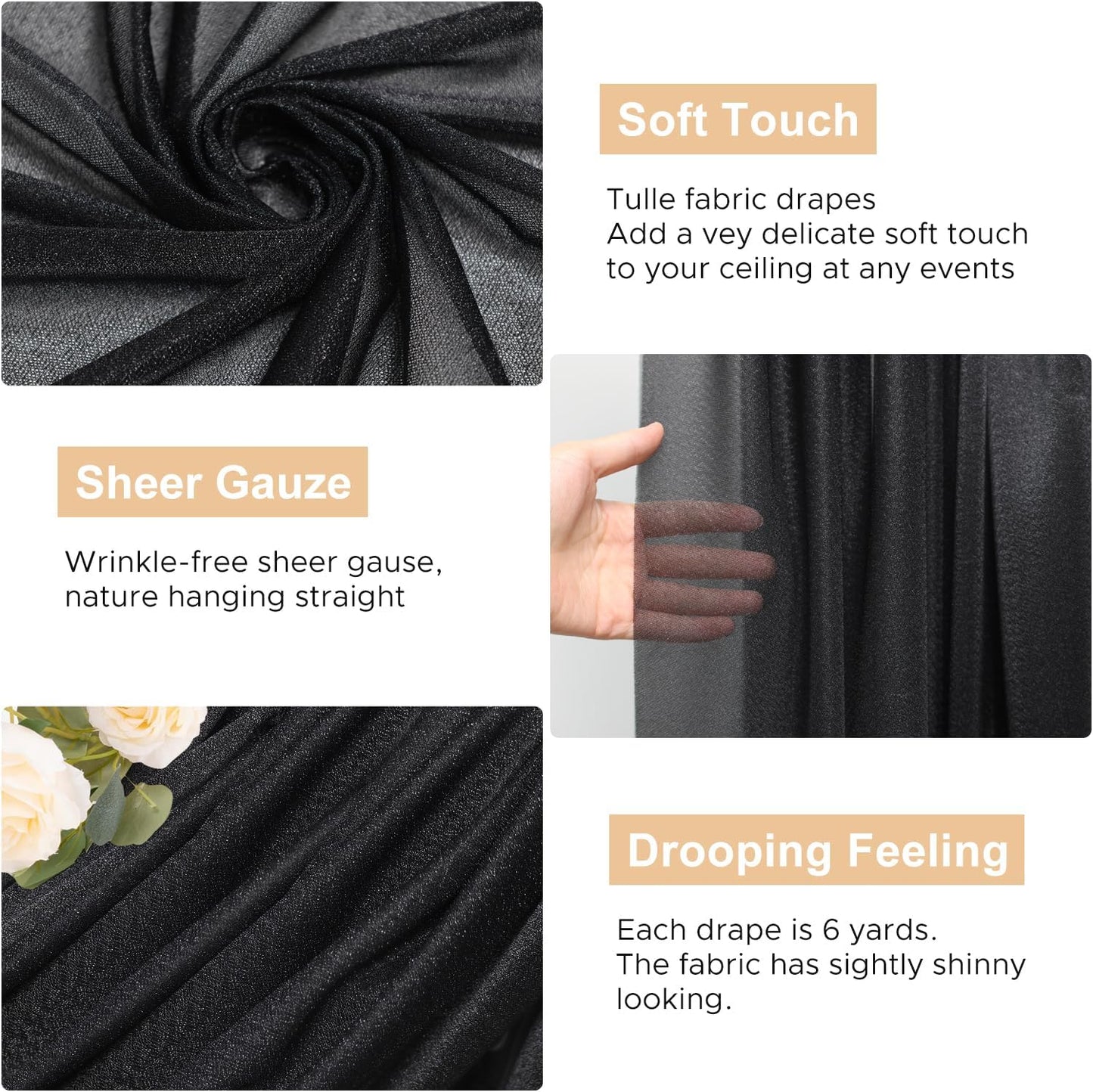Wokceer Wedding Arch Draping Fabric 28.7" x 20FT Black Sheer Backdrop for Ceremony, Birthday Party, Bridal Shower Decoration