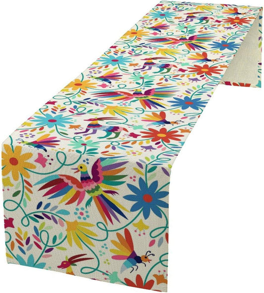 Mexican Table Runner,Boho Colorful Nature Inspired Flowers and Birds Table Cloth Kitchen Dining Table Home Party Decoration 13x60 Inch