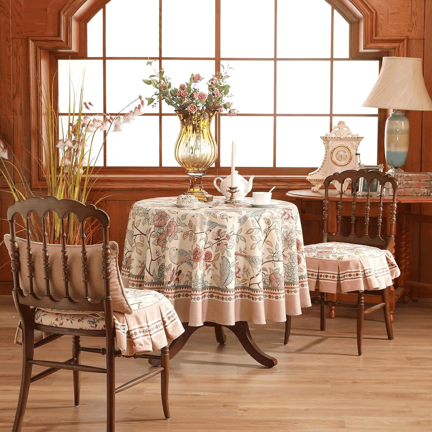 patdrea Designer Vintage Round Tablecloth,Pink Linen Table Cloth with Birds Pattern,Colorful Decoration French Table Cover for Kitchen Dining,Party,Thanksgiving,Christmas,Diameter 67"-Kulom a