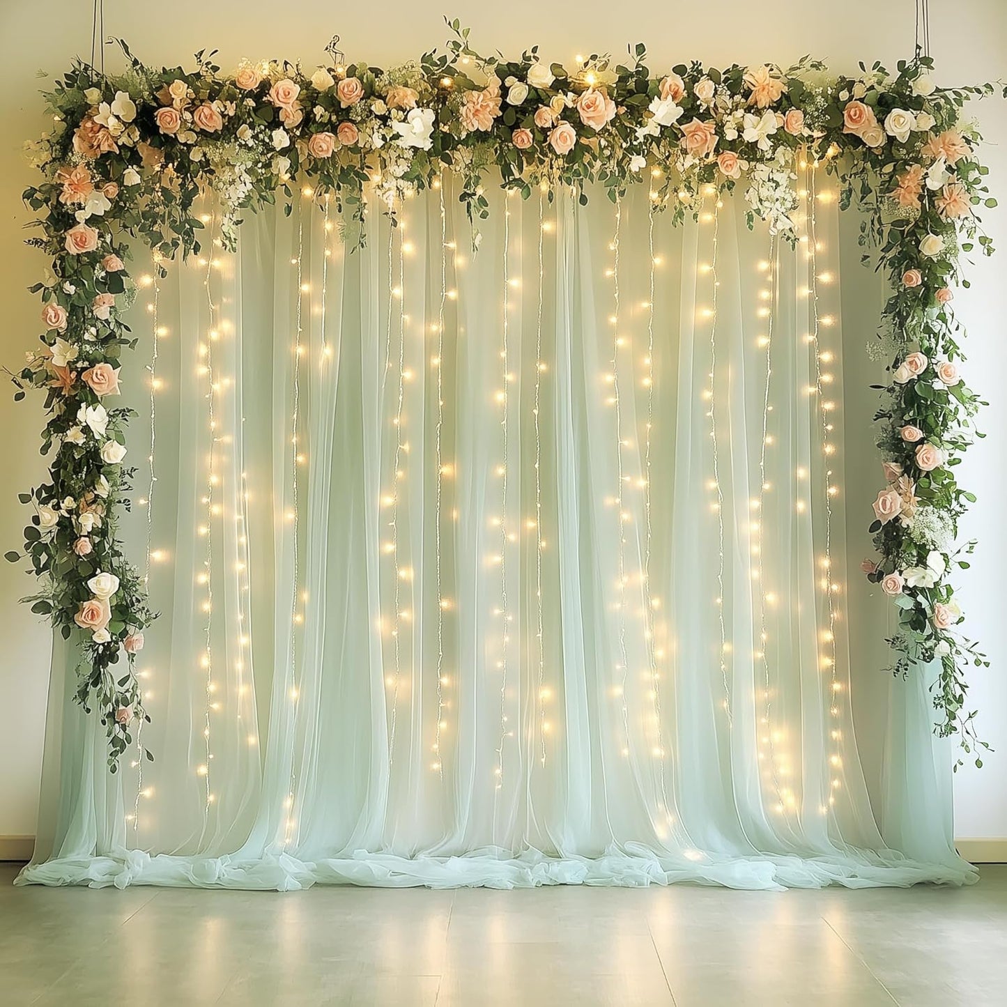 Tulle Backdrop Curtain with Lights String 10FT X 10FT Sage Green Sheer Tulle Backdrop Curtains for Wedding Birthday Party Reception Photo Booth Background Decorations (2 Panels 5x10FT)