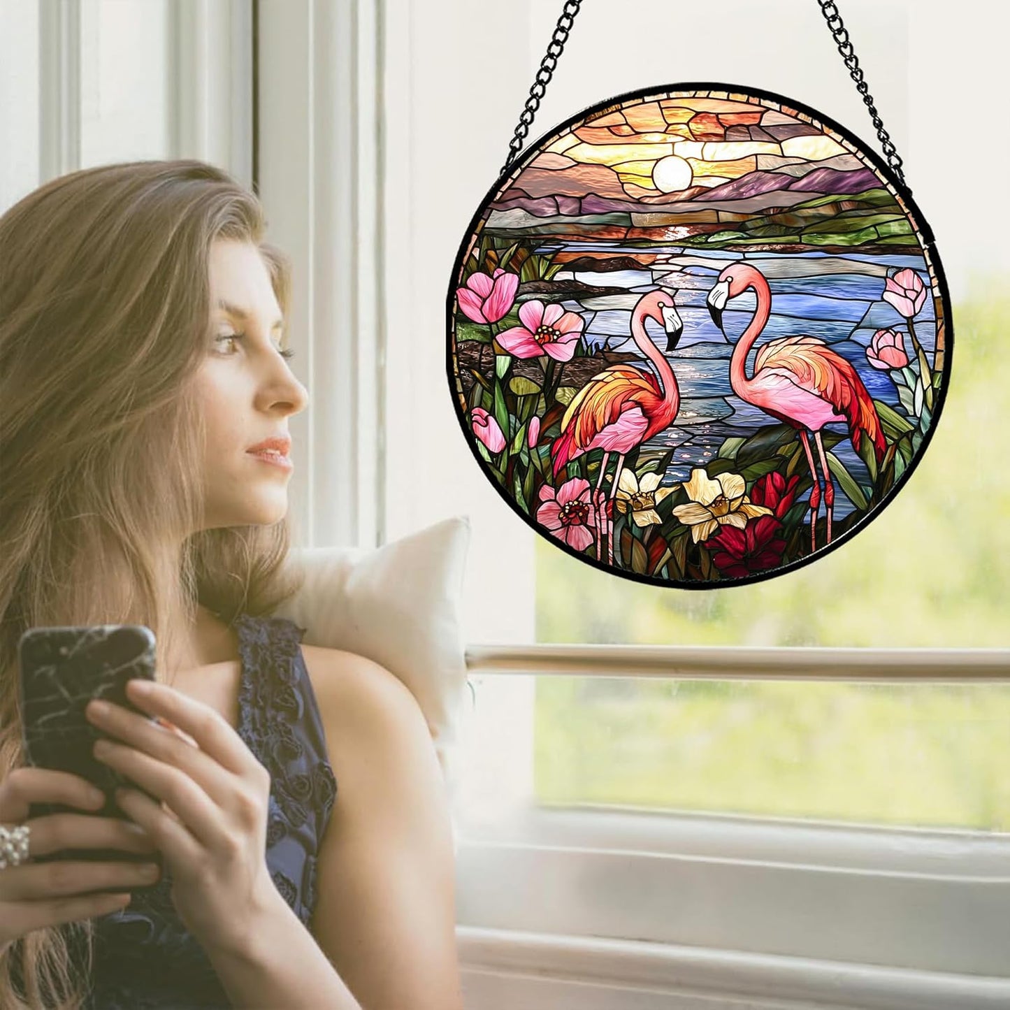 Stained Glass Window Hanging - Flamingo Wildflowers Landscape Suncatcher for Door Terrace Garden Home Decor Sunset Lake Sun Catcher Birthday Gifts for Lovers Women Men Dad Mom Nana 7.8 in