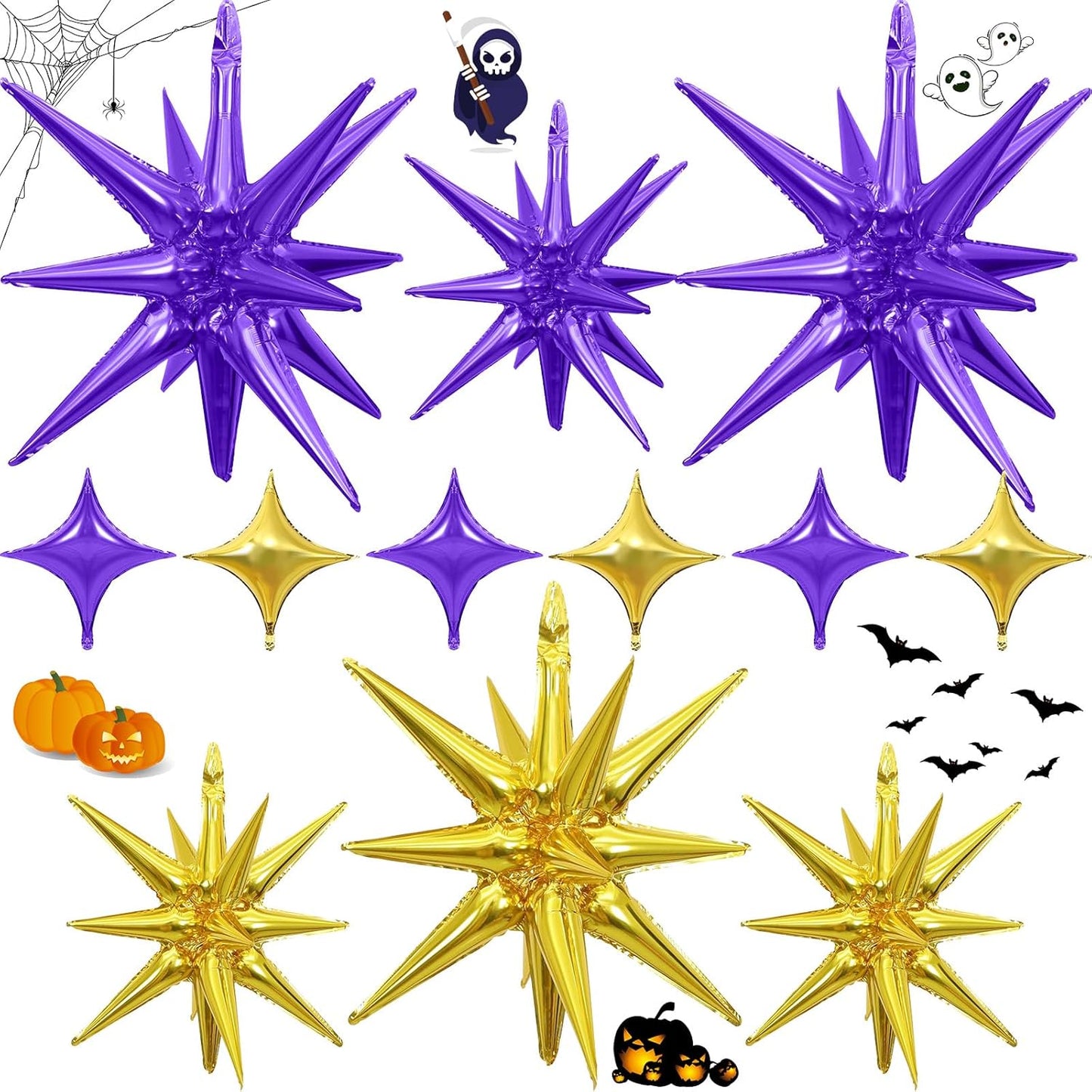 Purple Gold Star Balloons Foil 12pcs, 27/22 In Star Explosion Balloons, Large Spike Mylar Cone Balloon, Fireworks Shape Balloon Decor for Birthday Graduation Anniversary Prom Halloween