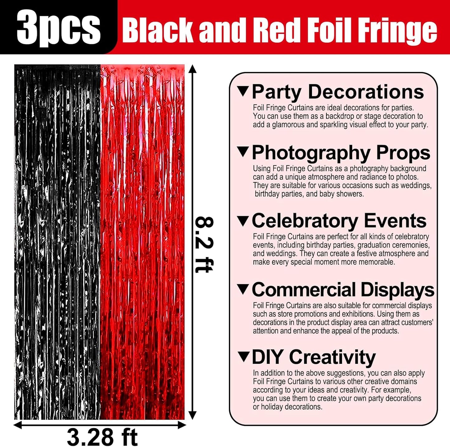 3 Pack Black Red Foil Fringe Curtain Backdrop, 3.28Ft x 8.2Ft Metallic Tinsel Foil Fringe Streamer Curtains for Photo Booth, Christmas Day, New Year, Wedding Party Decorations