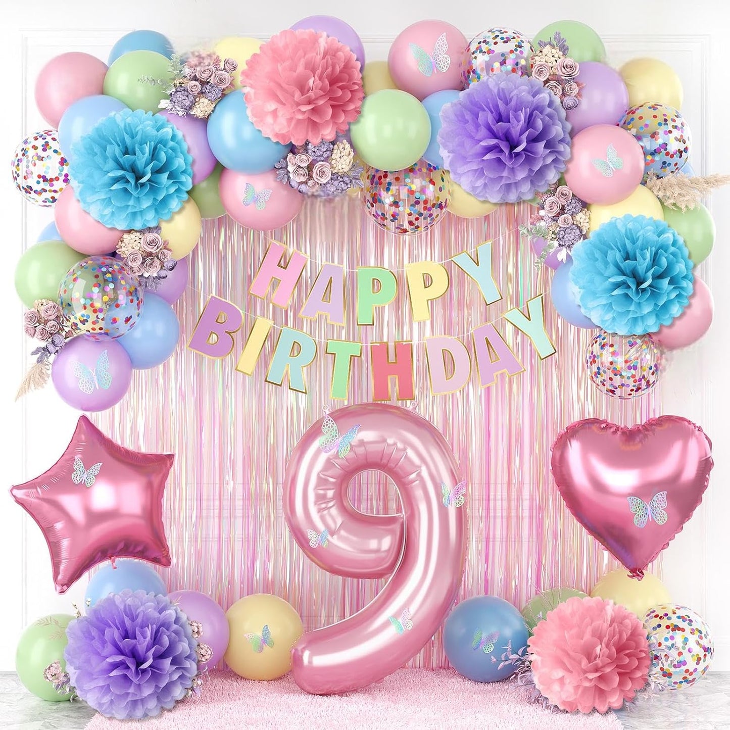 Pastel 9th Birthday Party Decorations for Girls Number 9 Balloon Happy Birthday Banner Butterfly Stickers Fringe Curtain Paper Pom Poms Macaron Pink Star Heart Foil Colorful Balloons 9 Year Old Decor