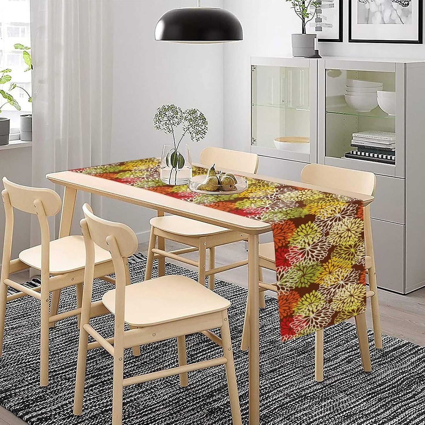 Brown Dahlia Floral Table Runner, Seasonal Autumn Thanksgiving Pattern Print for Home Kitchen Table Decor Dining Coffee Room Party Decor 13x108 Inch