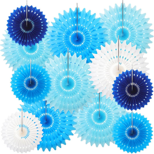 Outus 12 Pcs Hanging Honeycomb Paper Fans Sets, Fiesta Blue and White Party Decorations, Tissue Paper Flowers Supplies for Birthday Wall Classroom Wedding Bridal Photo Backdrop (8/14 Inch)