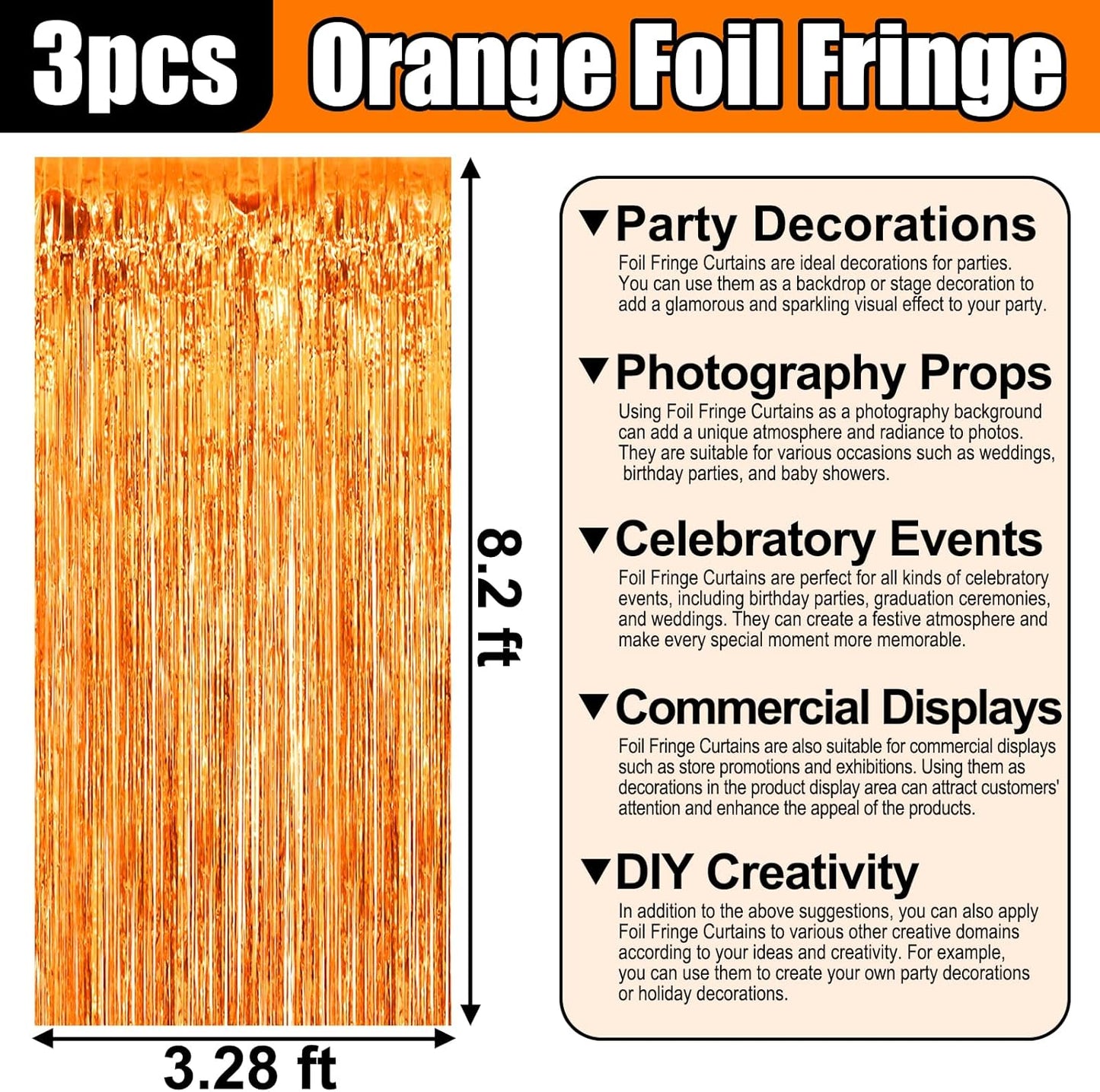 3 Pack Orange Foil Fringe Curtain Backdrop, 3.28Ft x 8.2Ft Metallic Tinsel Foil Fringe Streamer Curtains for Photo Booth, Mother's Day, Easter, Birthday, Wedding Party Decorations